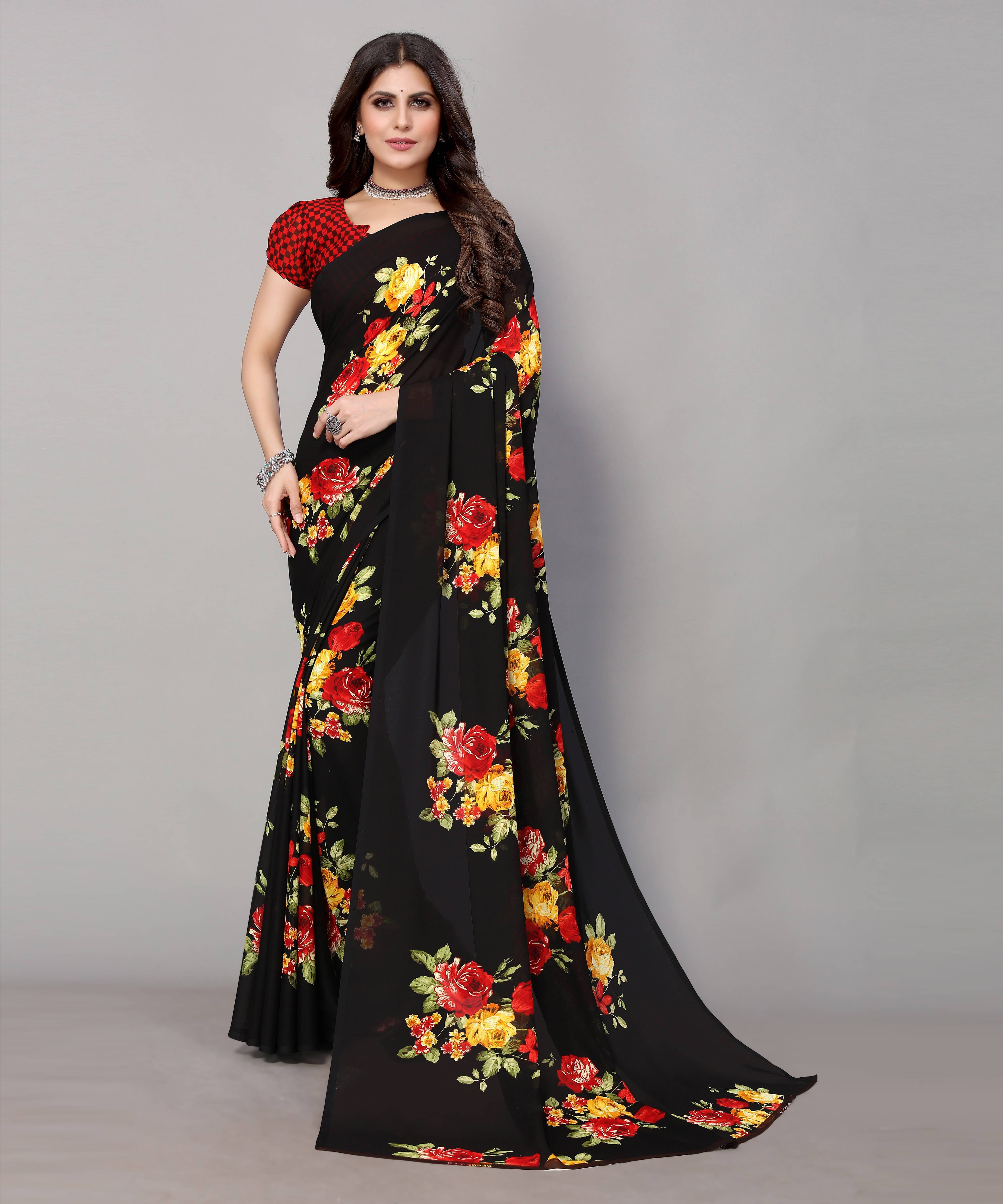 Yashika Georgette Printed Saree With Unstitched Blouse Piece ( Black ) Yashika Georgette Printed Saree With Unstitched Blouse Piece ( Black )