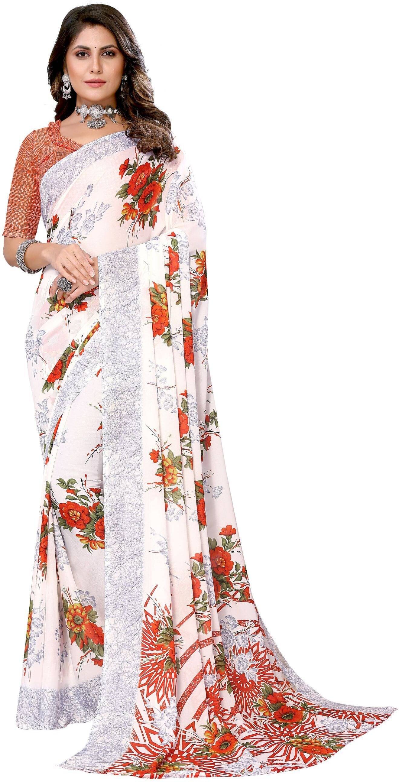     			Yashika Georgette Printed Saree With Unstitched Blouse Piece ( Orange )