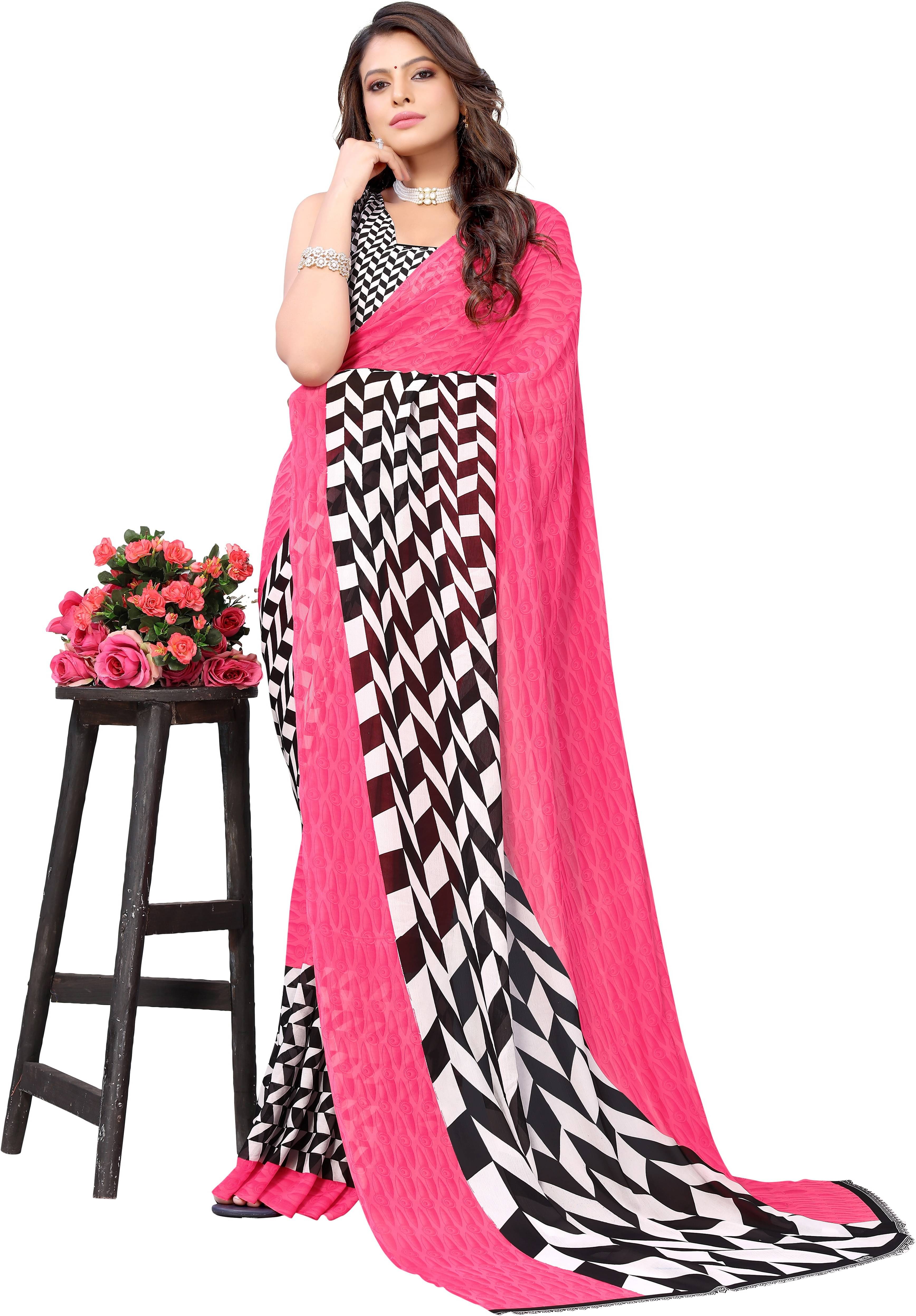 Yashika Georgette Printed Saree With Unstitched Blouse Piece ( Pink ) Yashika Georgette Printed Saree With Unstitched Blouse Piece ( Pink )