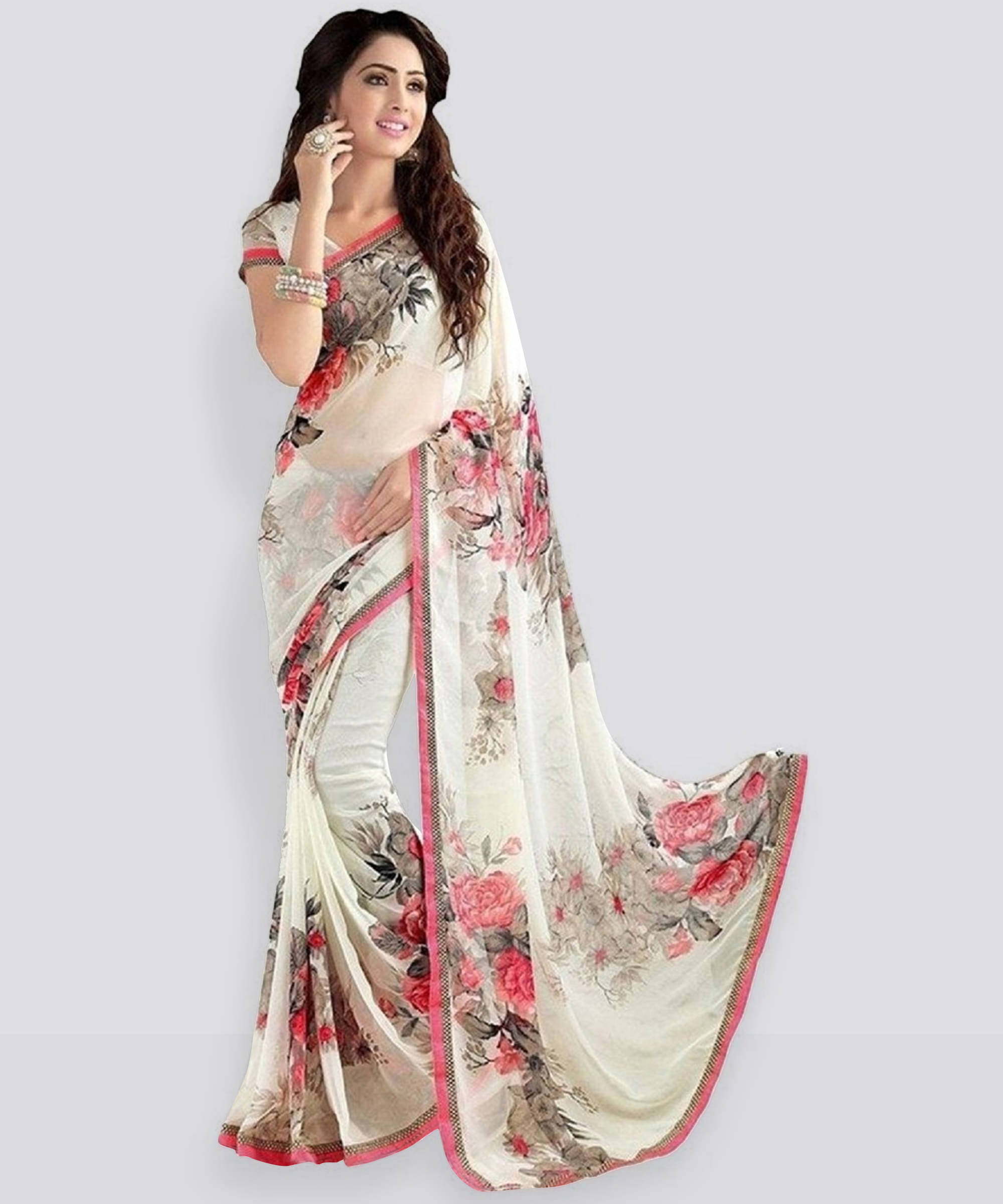 Yashika Georgette Printed Saree With Unstitched Blouse Piece ( White ) Yashika Georgette Printed Saree With Unstitched Blouse Piece ( White )