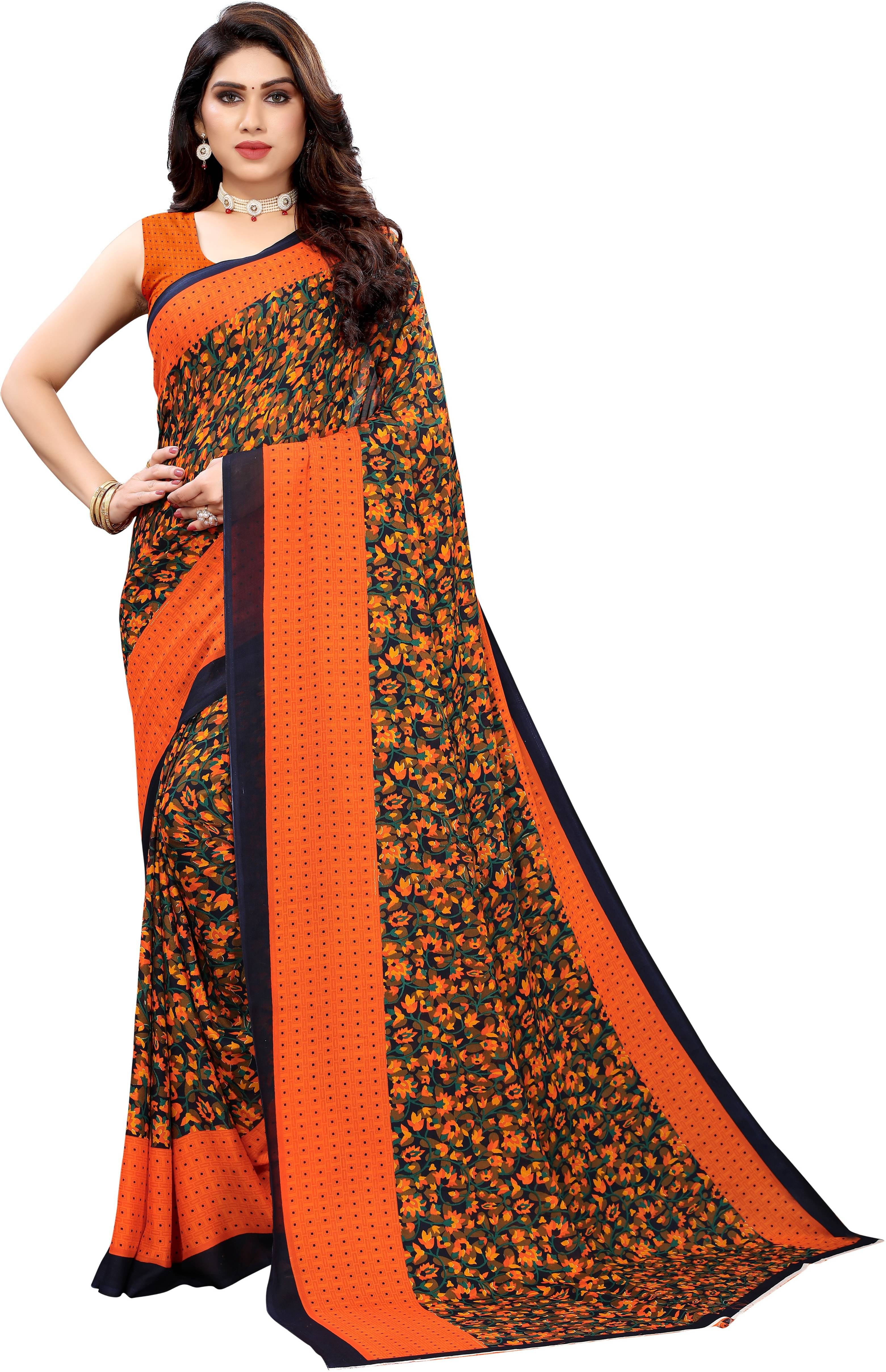 Yashika Georgette Printed Saree With Unstitched Blouse Piece ( Orange ) Yashika Georgette Printed Saree With Unstitched Blouse Piece ( Orange )
