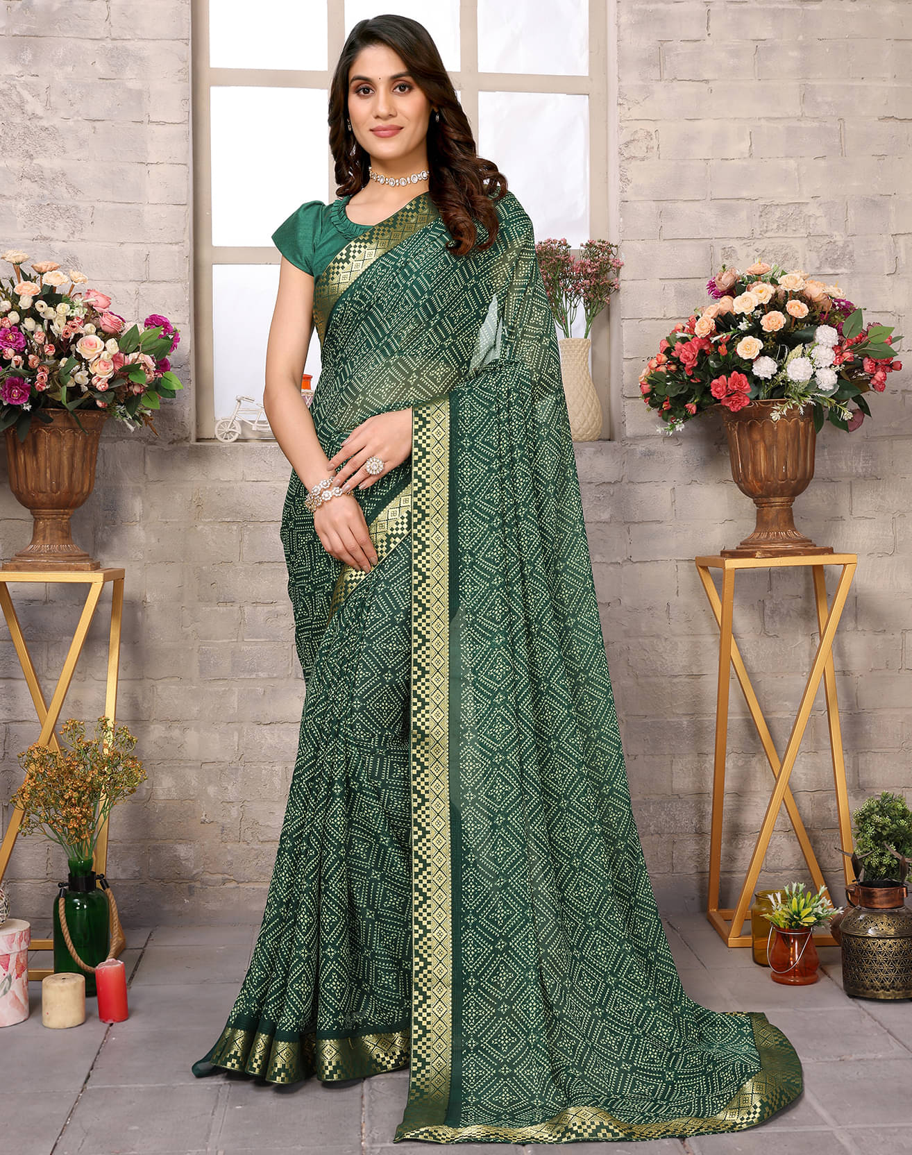 Yashika Georgette Printed Saree With Unstitched Blouse Piece ( Green ) Yashika Georgette Printed Saree With Unstitched Blouse Piece ( Green )