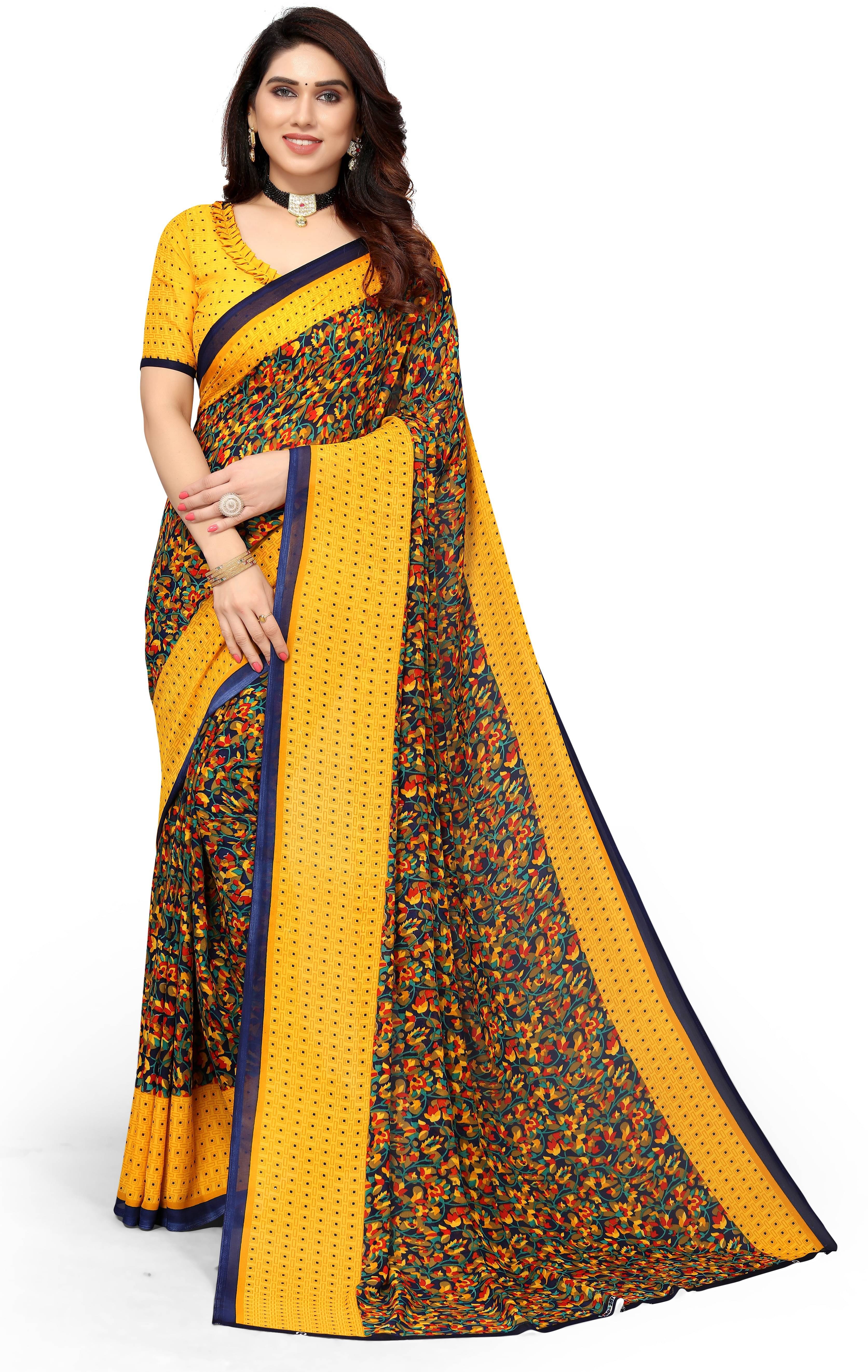     			Yashika Georgette Printed Saree With Unstitched Blouse Piece ( Yellow )