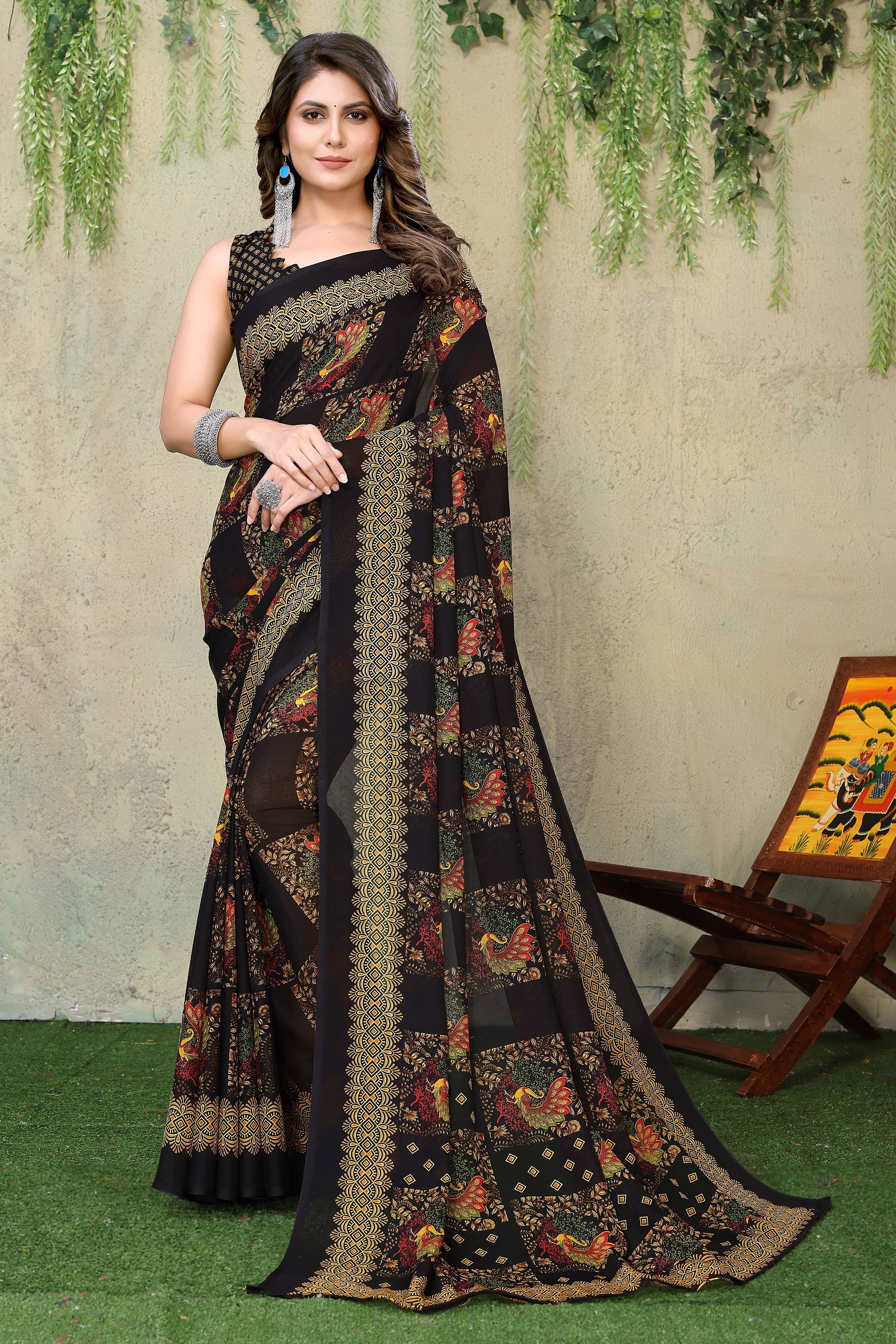 Yashika Georgette Printed Saree With Unstitched Blouse Piece ( Black ) Yashika Georgette Printed Saree With Unstitched Blouse Piece ( Black )