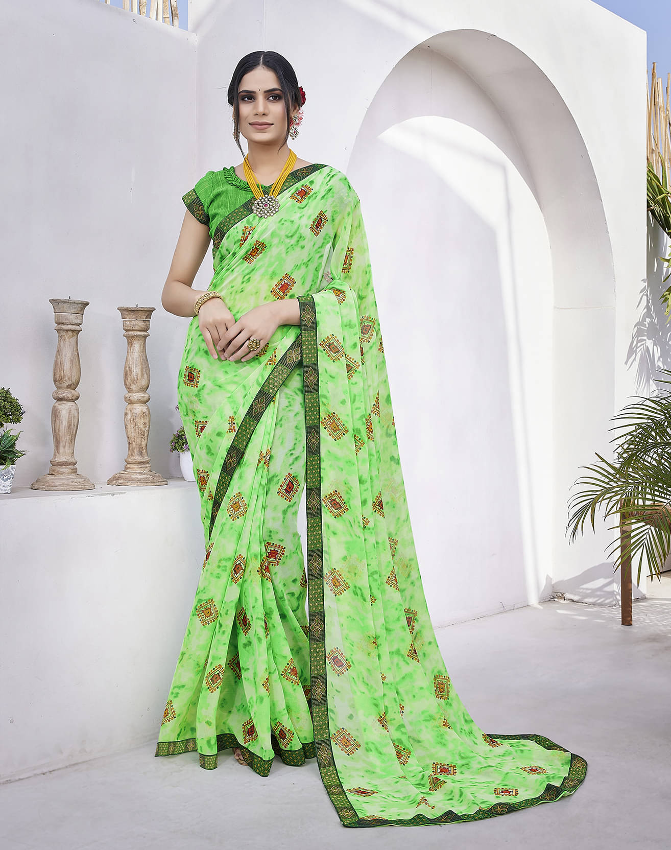 Yashika Georgette Printed Saree With Unstitched Blouse Piece ( Green ) Yashika Georgette Printed Saree With Unstitched Blouse Piece ( Green )