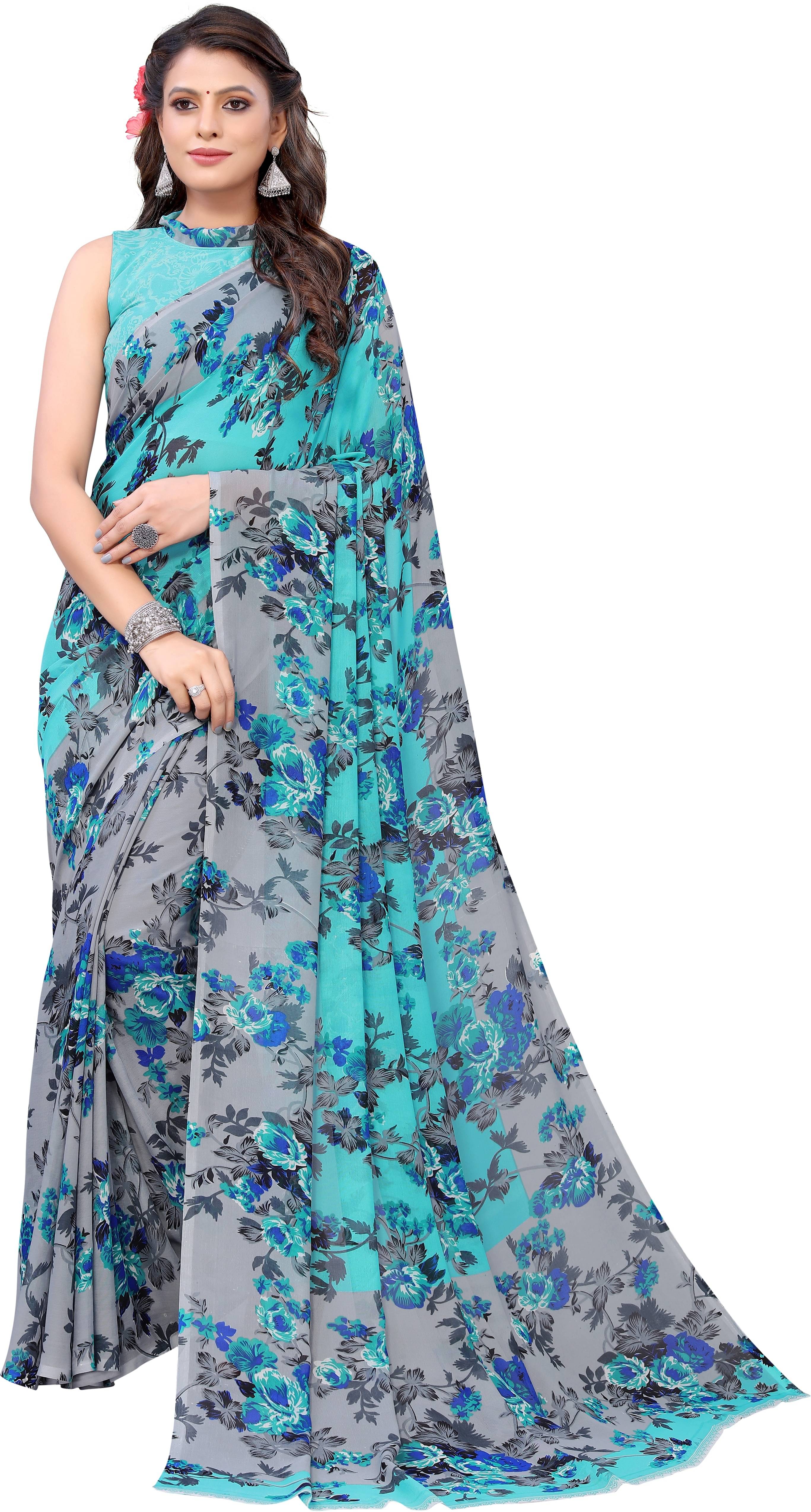 Yashika Georgette Printed Saree With Unstitched Blouse Piece ( Light Blue ) Yashika Georgette Printed Saree With Unstitched Blouse Piece ( Light Blue )