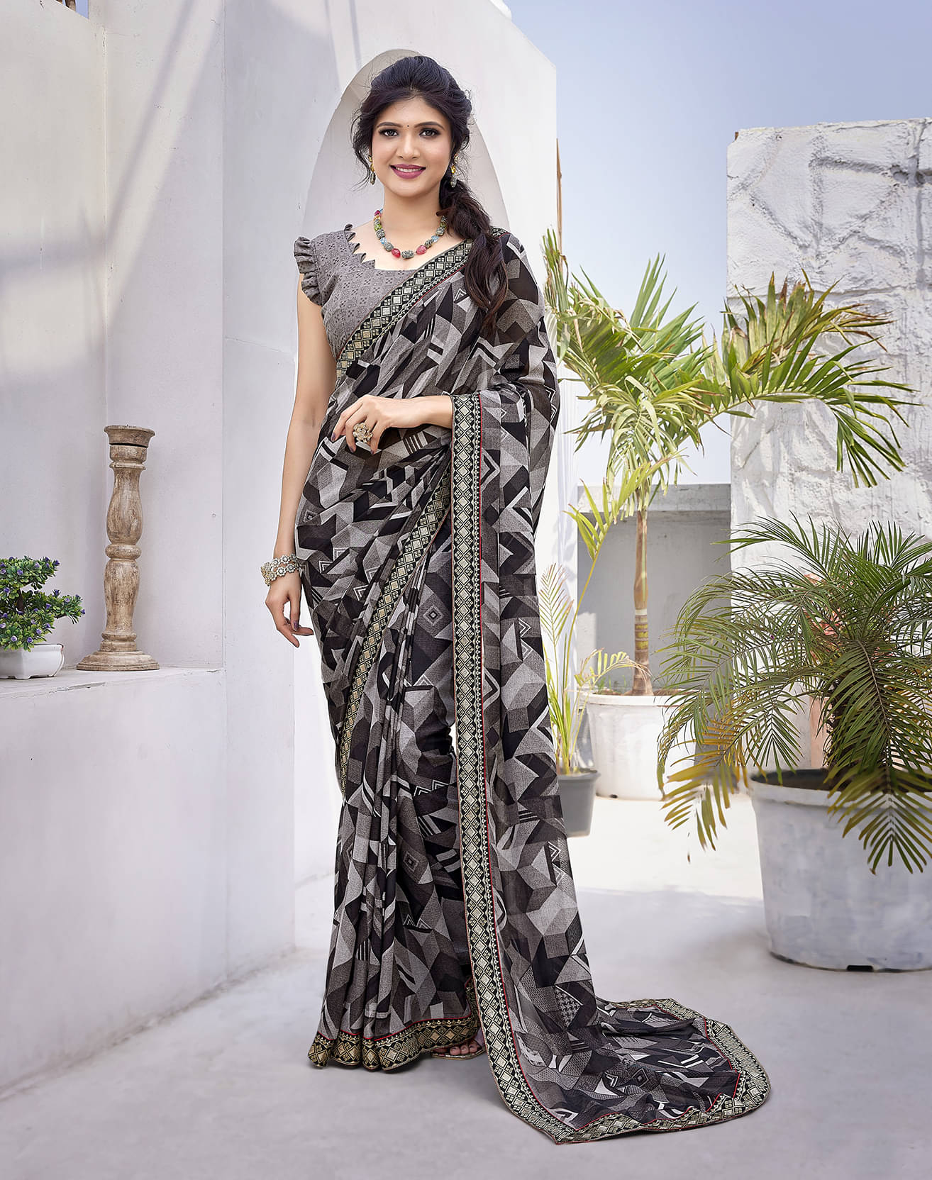 Yashika Georgette Printed Saree With Unstitched Blouse Piece ( Grey ) Yashika Georgette Printed Saree With Unstitched Blouse Piece ( Grey )