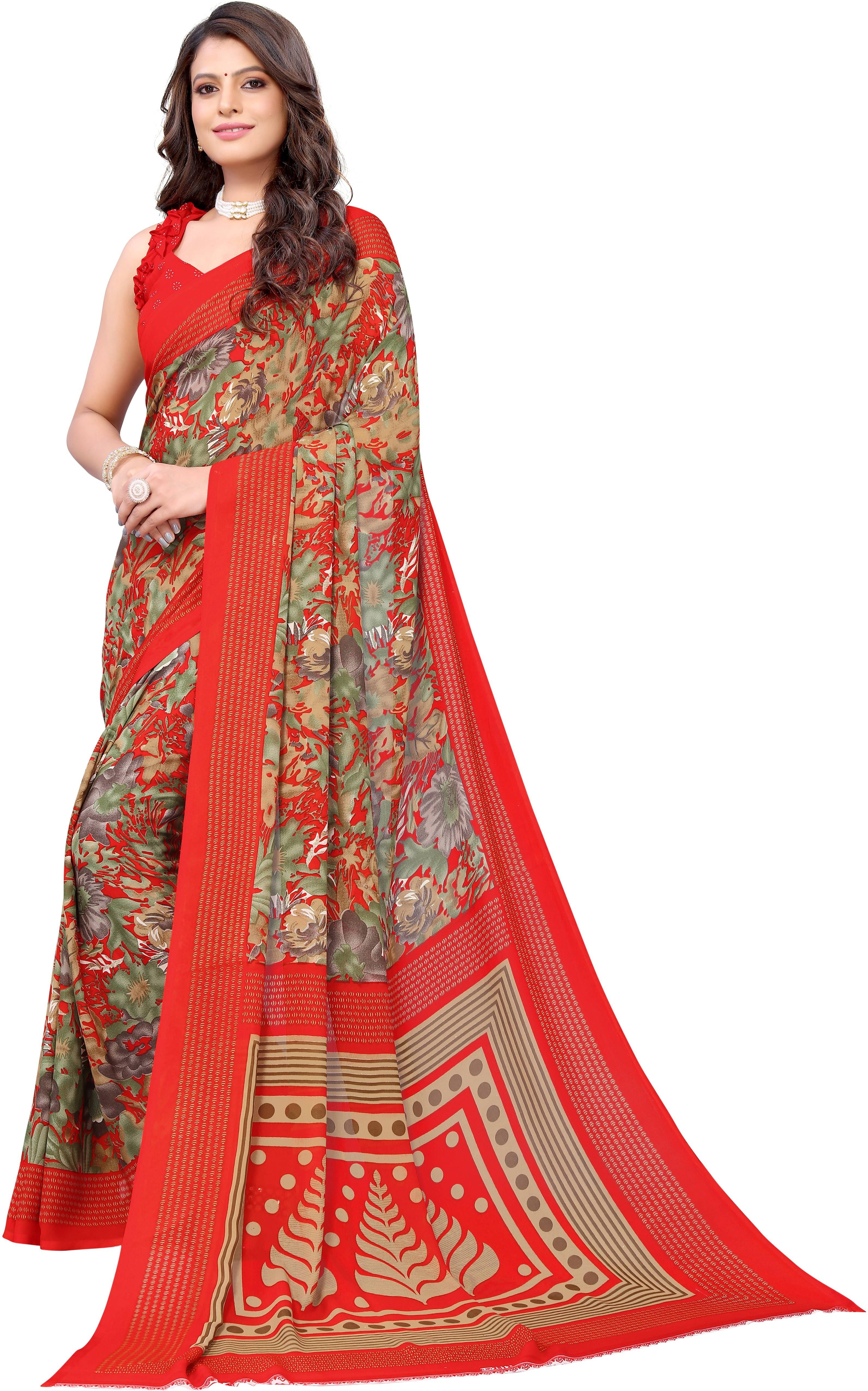Yashika Georgette Printed Saree With Unstitched Blouse Piece ( Red ) Yashika Georgette Printed Saree With Unstitched Blouse Piece ( Red )