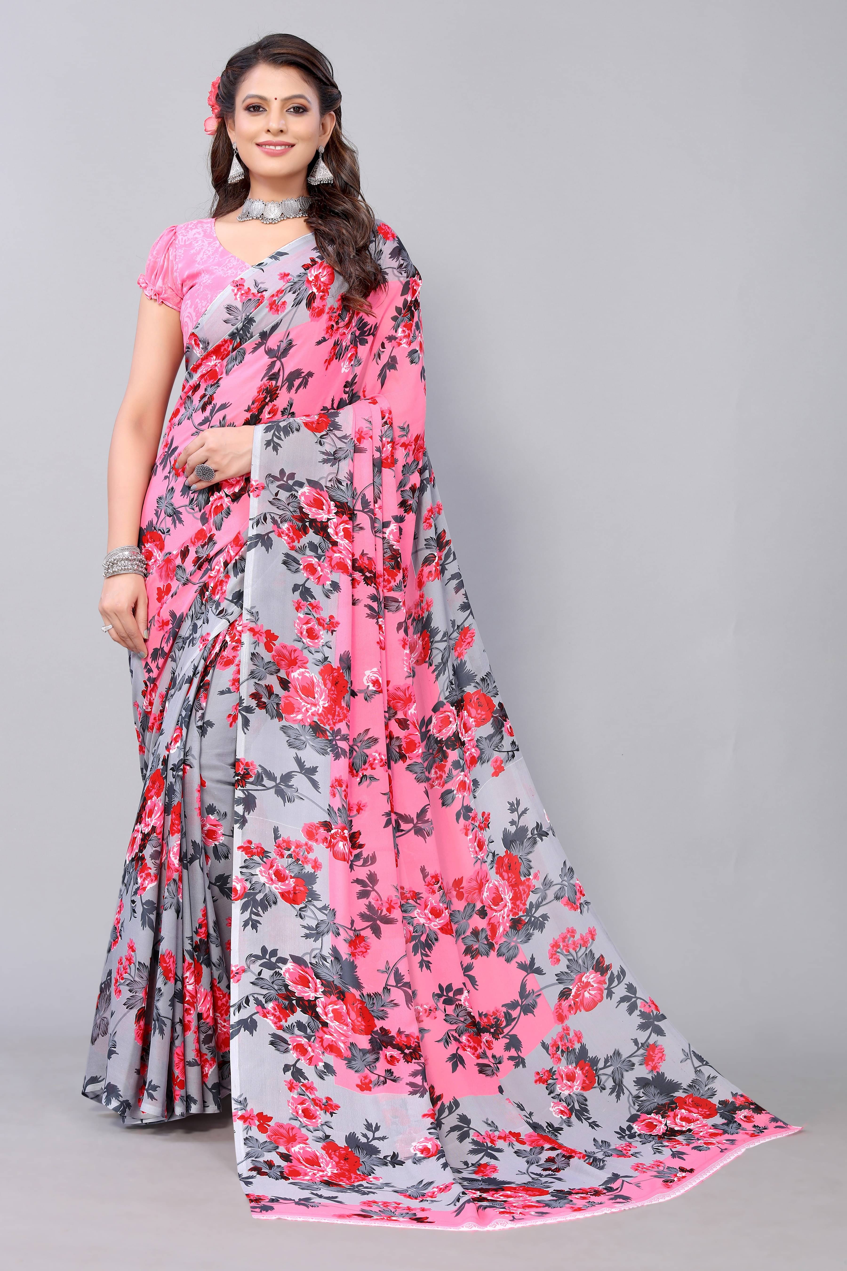 Yashika Georgette Printed Saree With Unstitched Blouse Piece ( Pink ) Yashika Georgette Printed Saree With Unstitched Blouse Piece ( Pink )