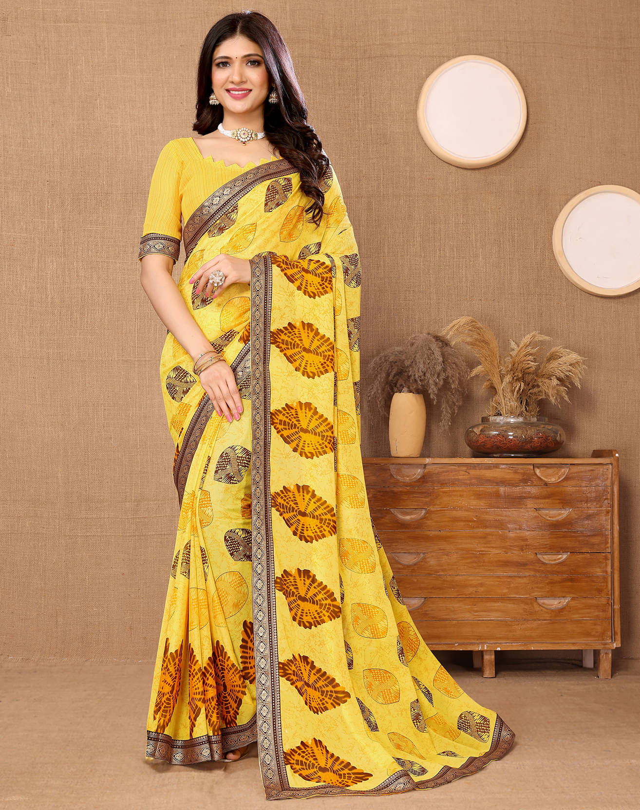 Yashika Georgette Printed Saree With Unstitched Blouse Piece ( Yellow ) Yashika Georgette Printed Saree With Unstitched Blouse Piece ( Yellow )