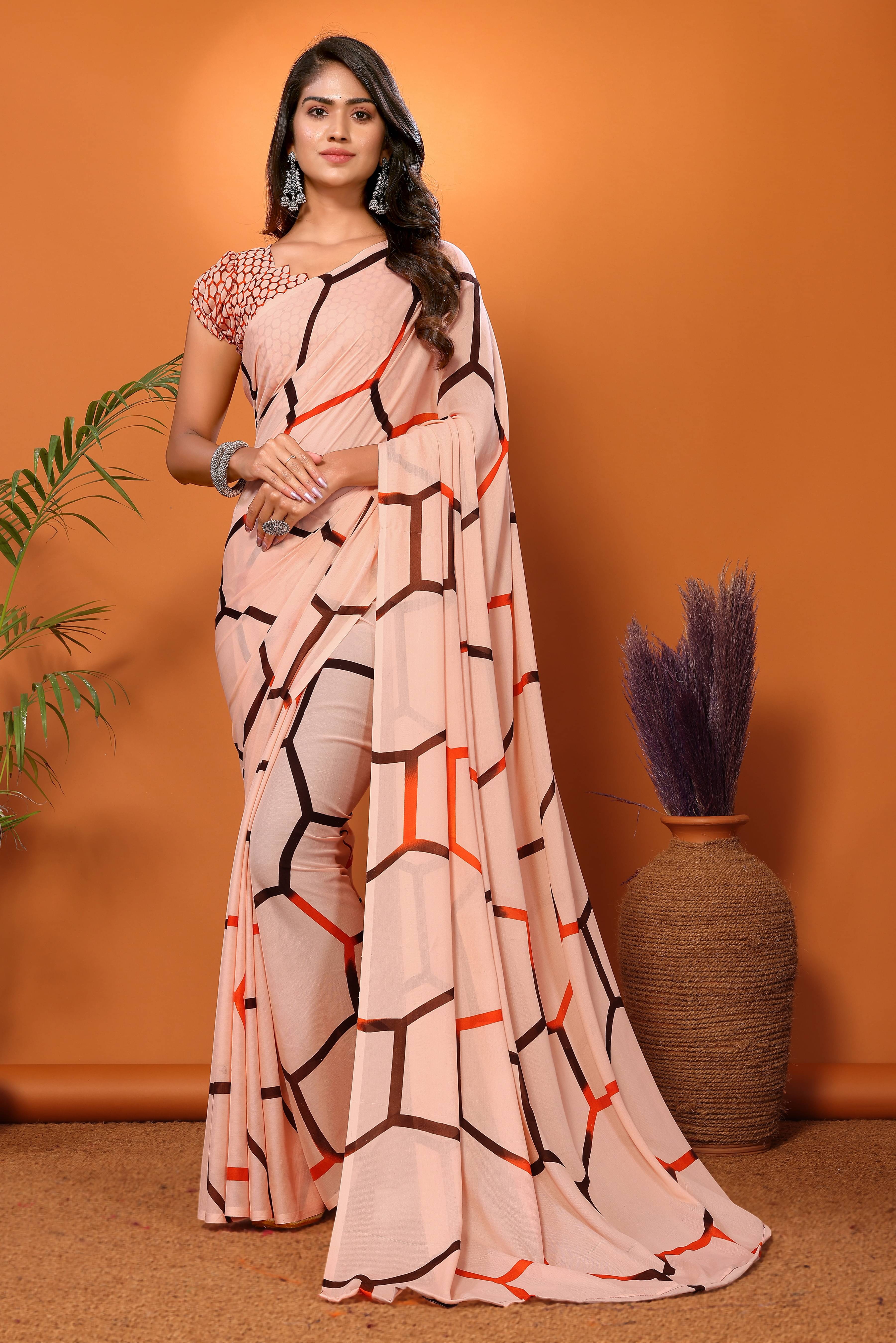     			Yashika Georgette Printed Saree With Unstitched Blouse Piece ( Beige )