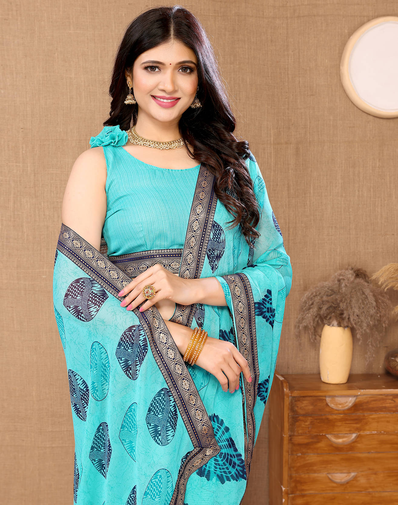     			Yashika Georgette Printed Saree With Unstitched Blouse Piece ( Blue )