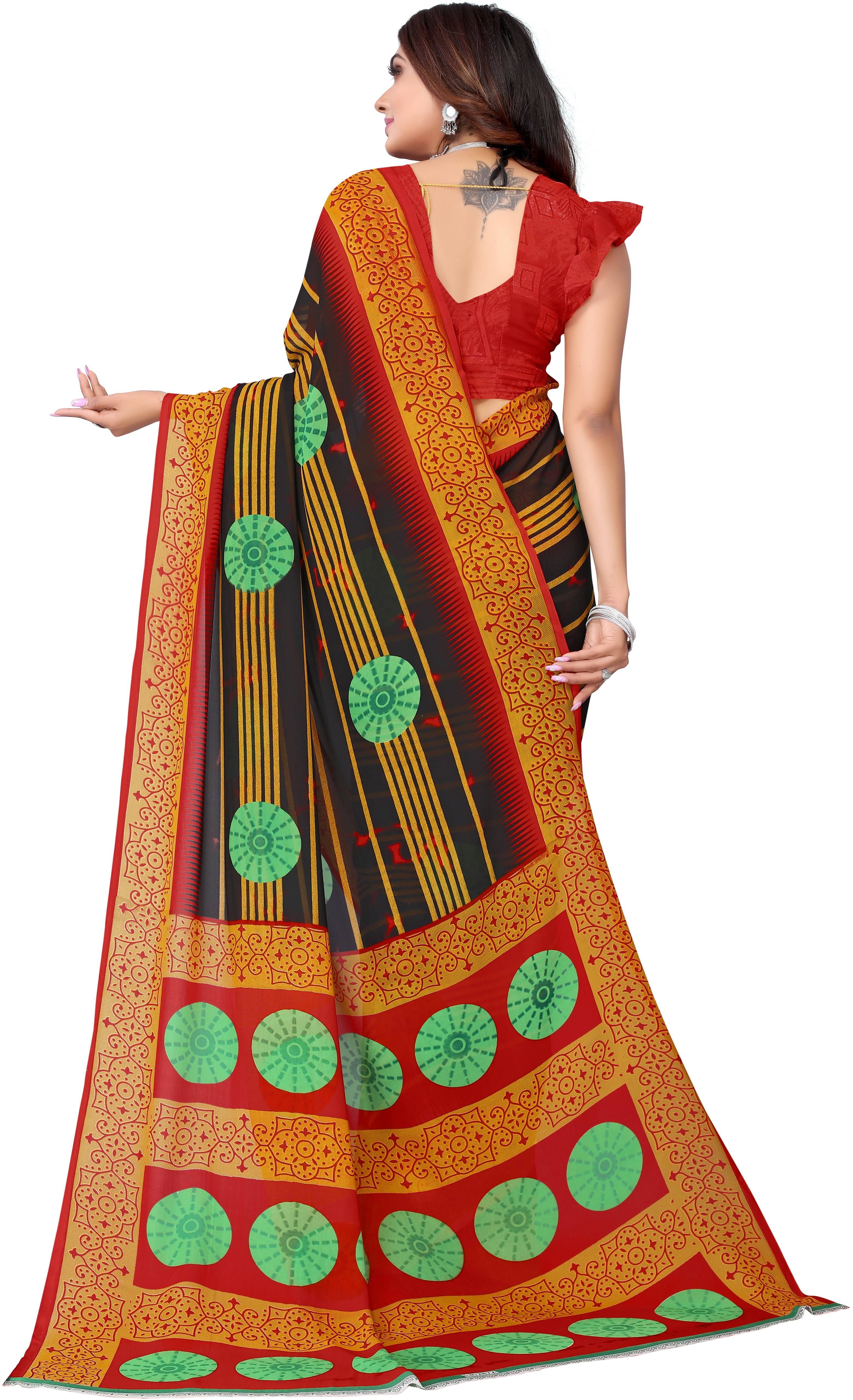 Yashika Georgette Printed Saree With Unstitched Blouse Piece ( Black ) Yashika Georgette Printed Saree With Unstitched Blouse Piece ( Black )