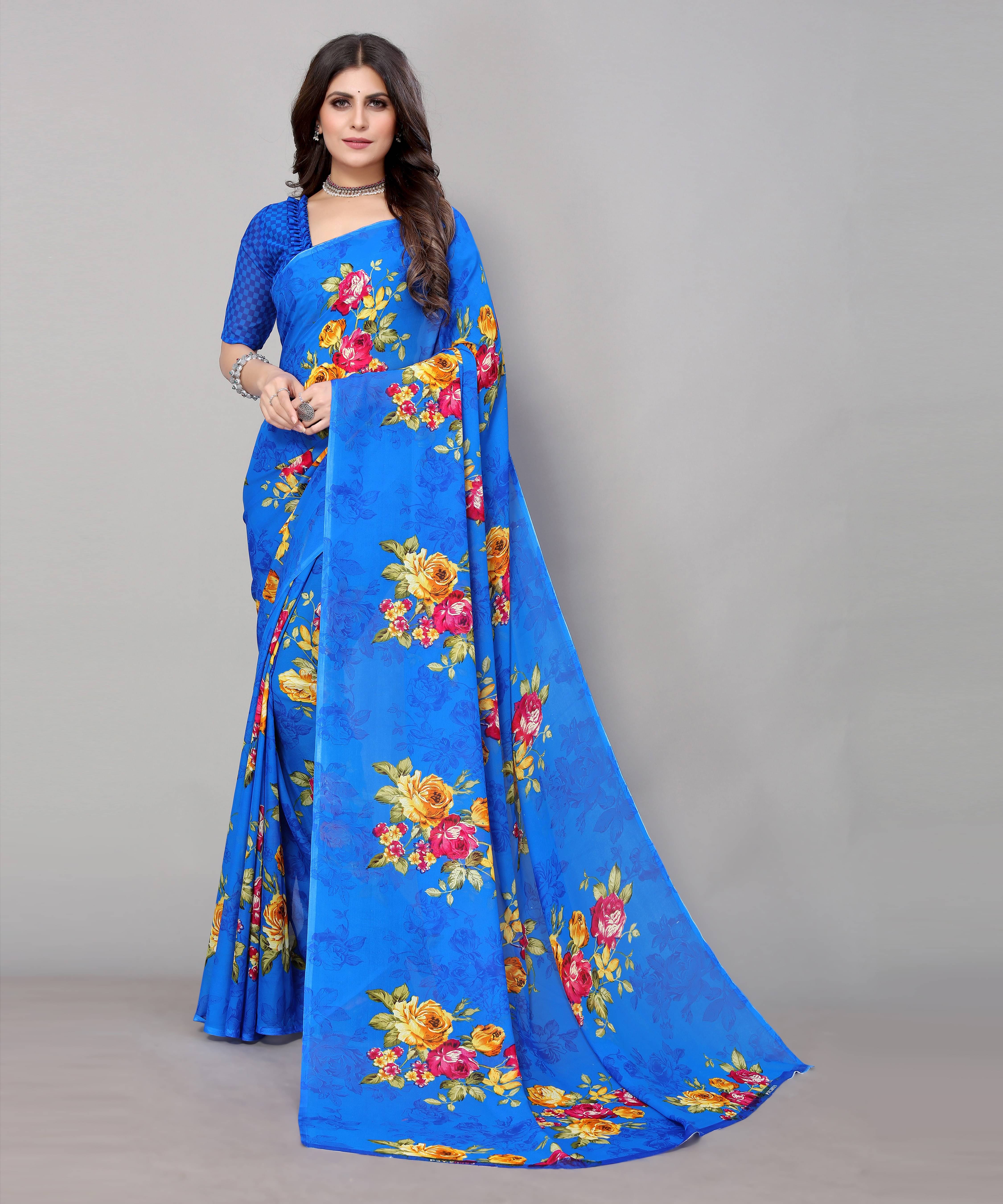 Yashika Georgette Printed Saree With Unstitched Blouse Piece ( Blue ) Yashika Georgette Printed Saree With Unstitched Blouse Piece ( Blue )