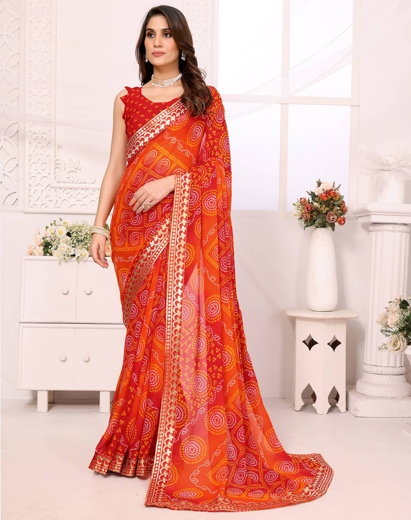     			Yashika Georgette Printed Saree With Unstitched Blouse Piece ( Red )