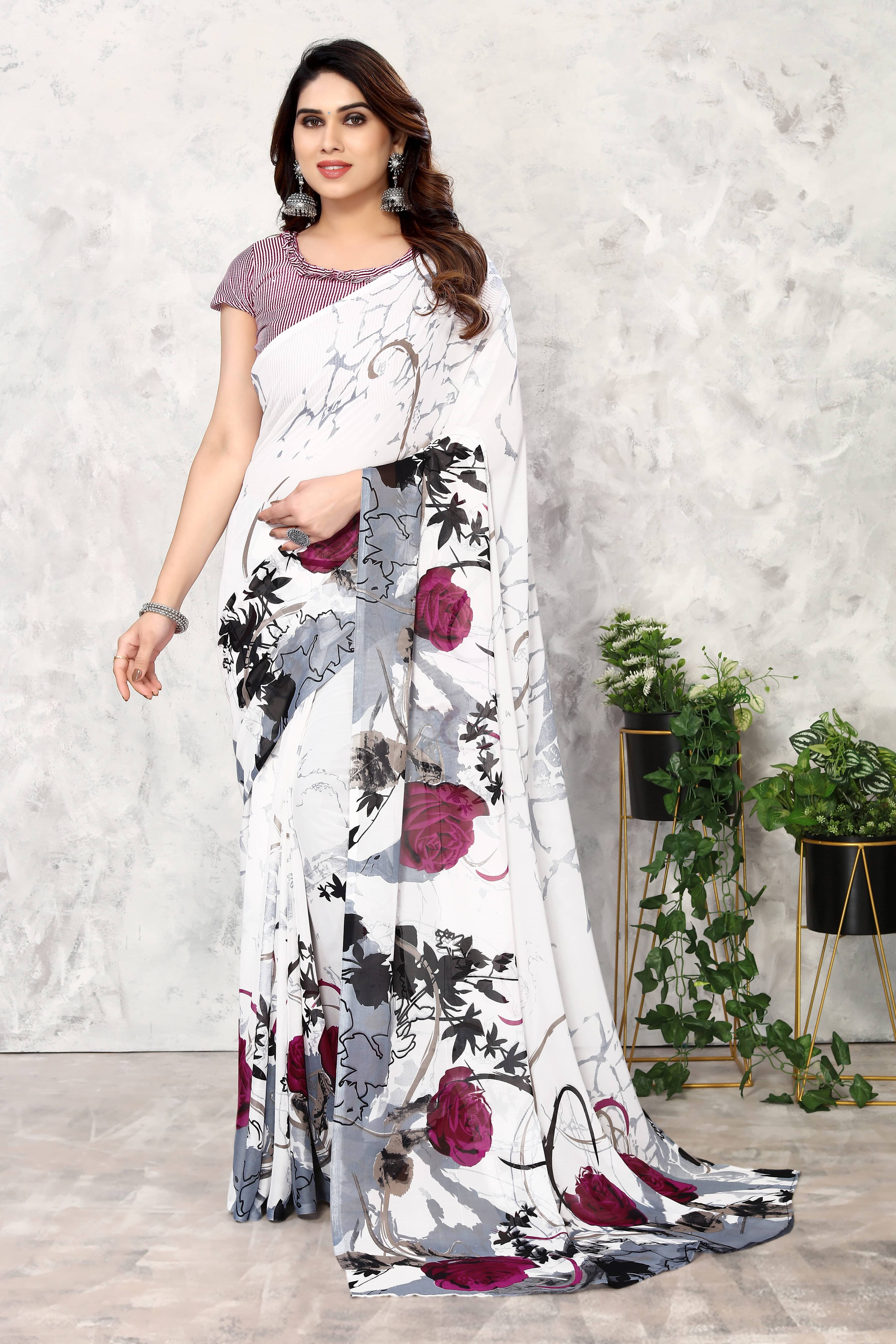     			Yashika Georgette Printed Saree With Unstitched Blouse Piece ( White )