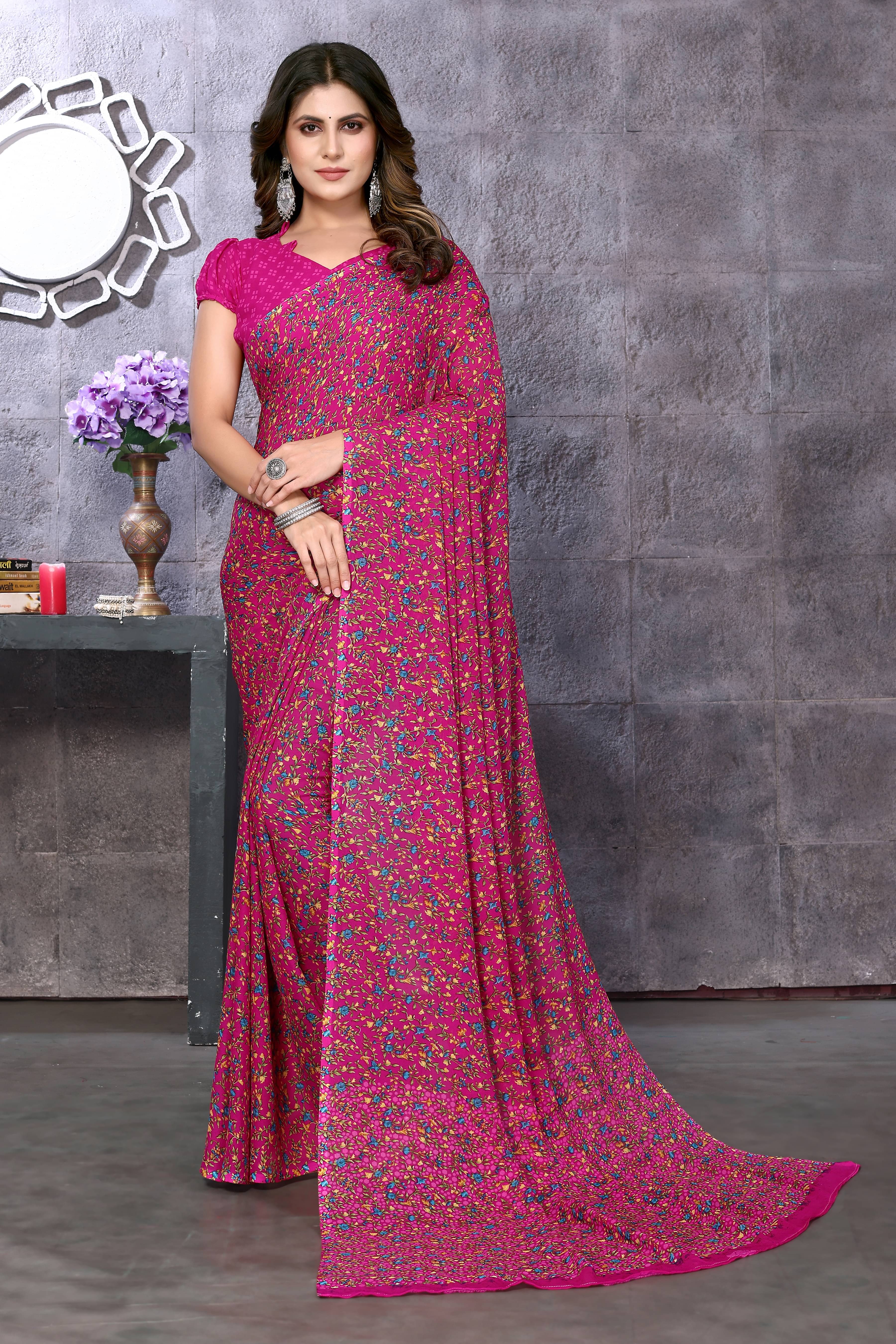Yashika Georgette Printed Saree With Unstitched Blouse Piece ( Pink ) Yashika Georgette Printed Saree With Unstitched Blouse Piece ( Pink )