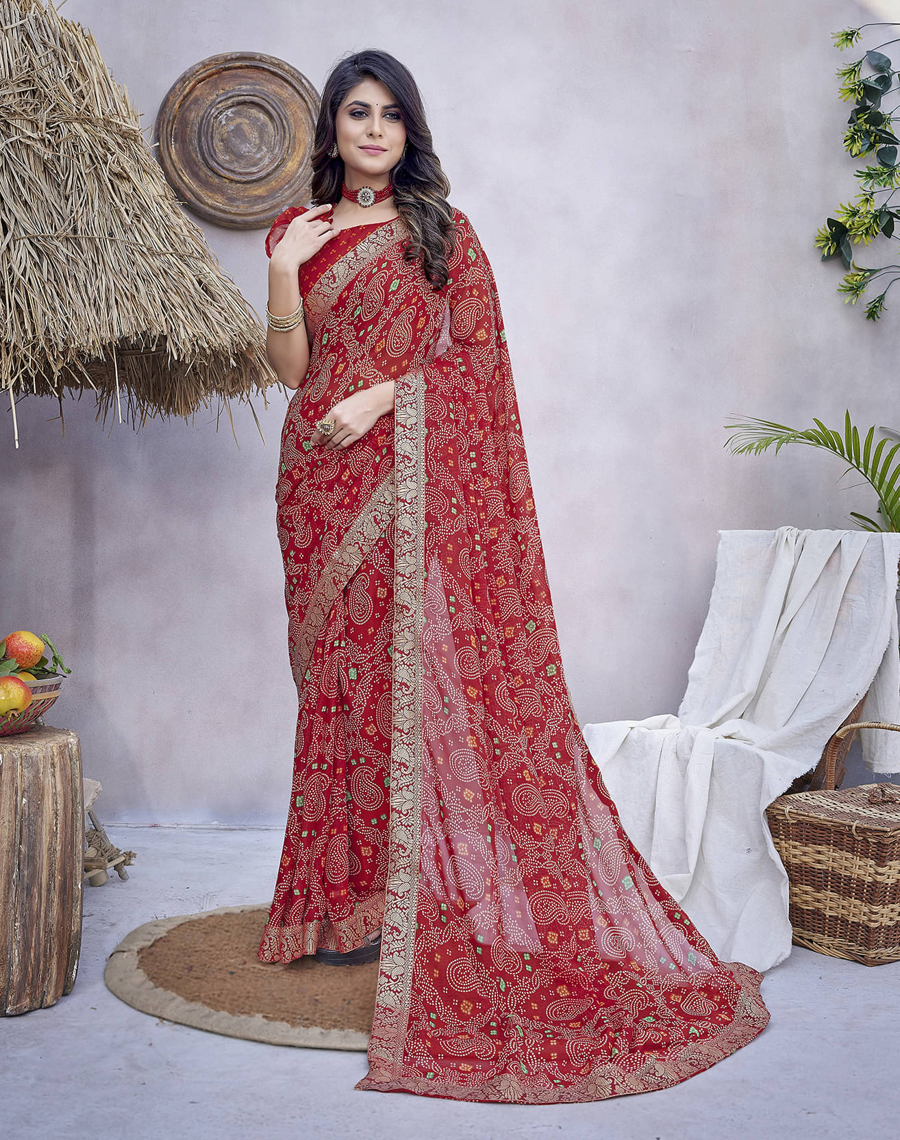     			Yashika Georgette Printed Saree With Unstitched Blouse Piece ( Red )