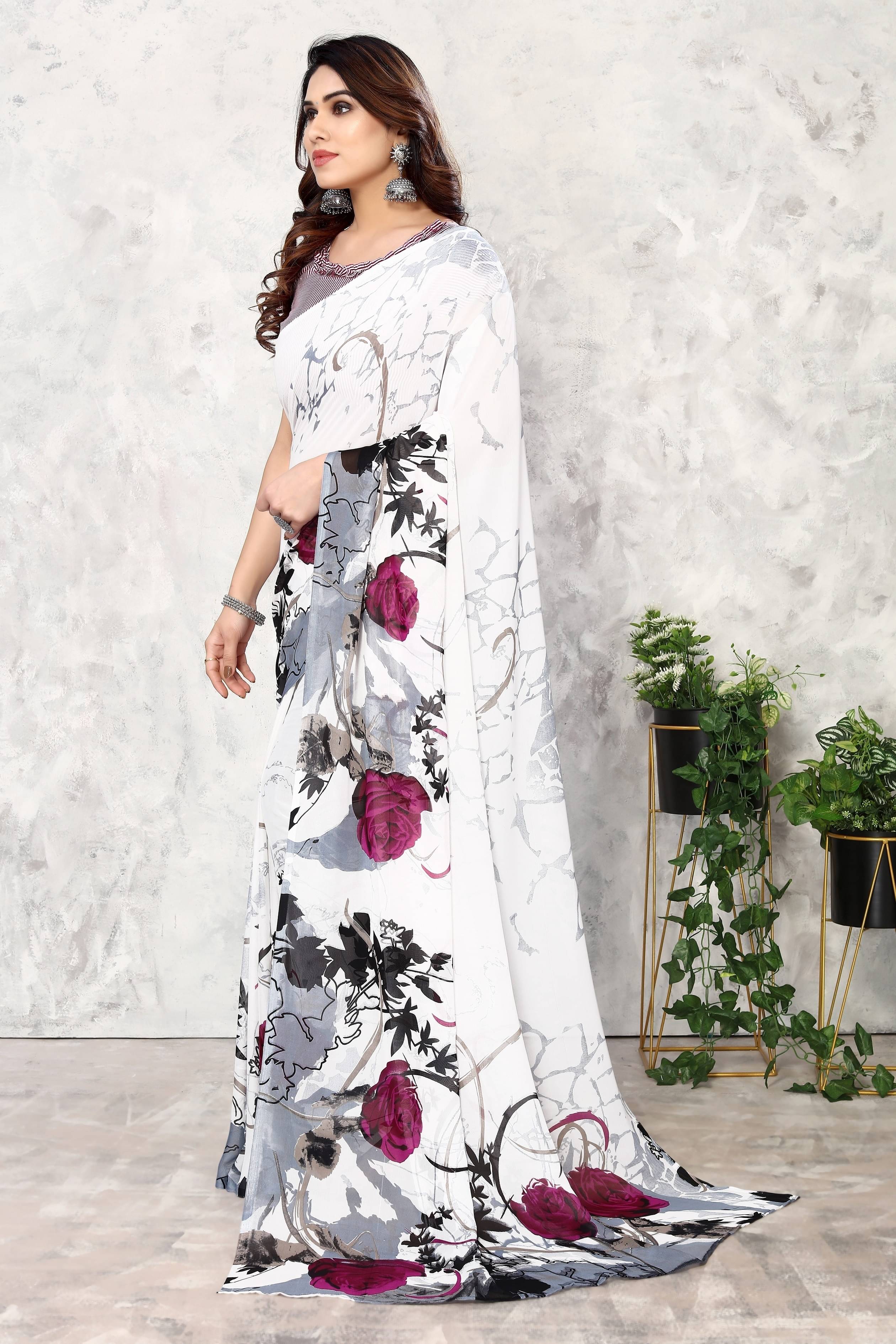 Yashika Georgette Printed Saree With Unstitched Blouse Piece ( White ) Yashika Georgette Printed Saree With Unstitched Blouse Piece ( White )