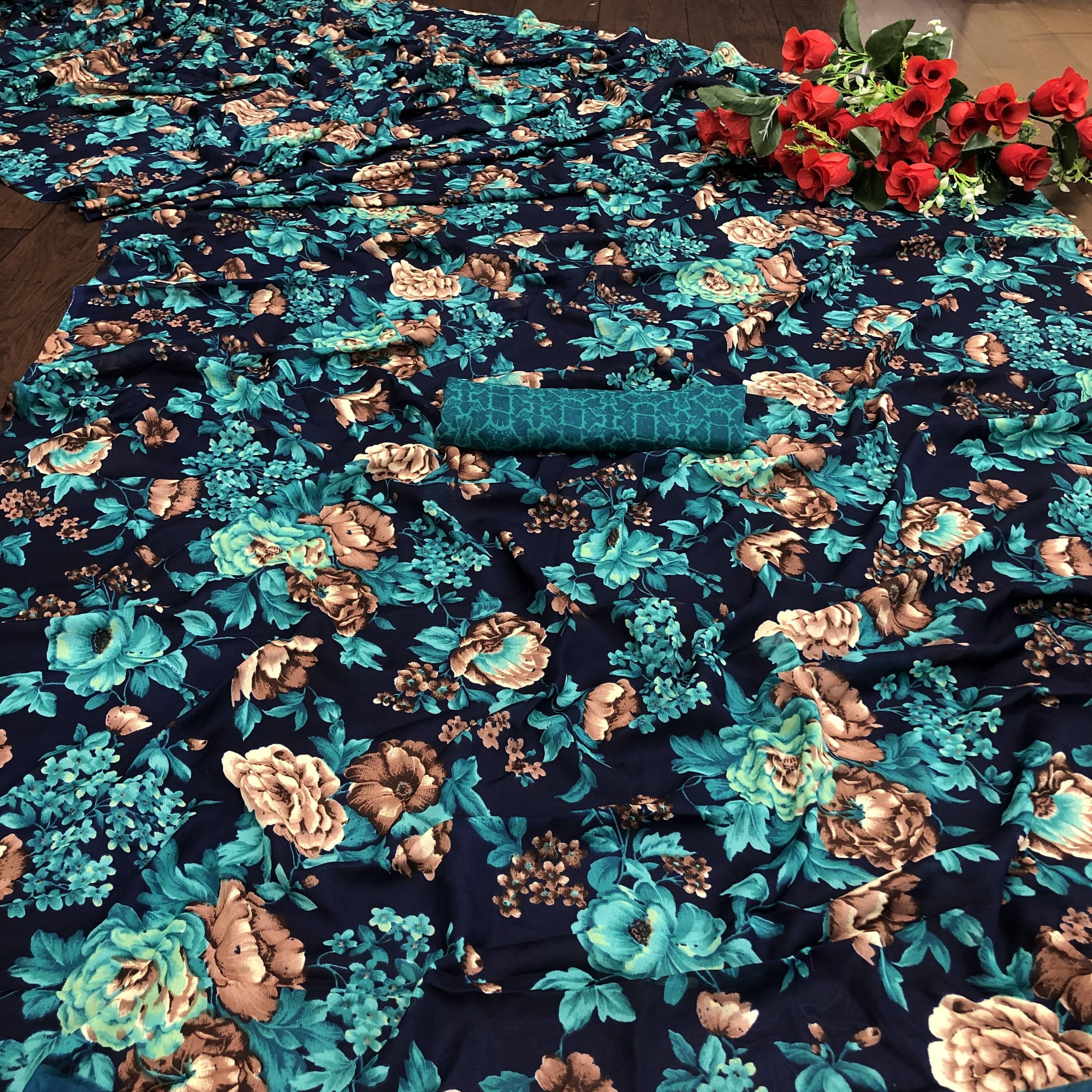     			Yashika Georgette Printed Saree With Unstitched Blouse Piece ( Blue )