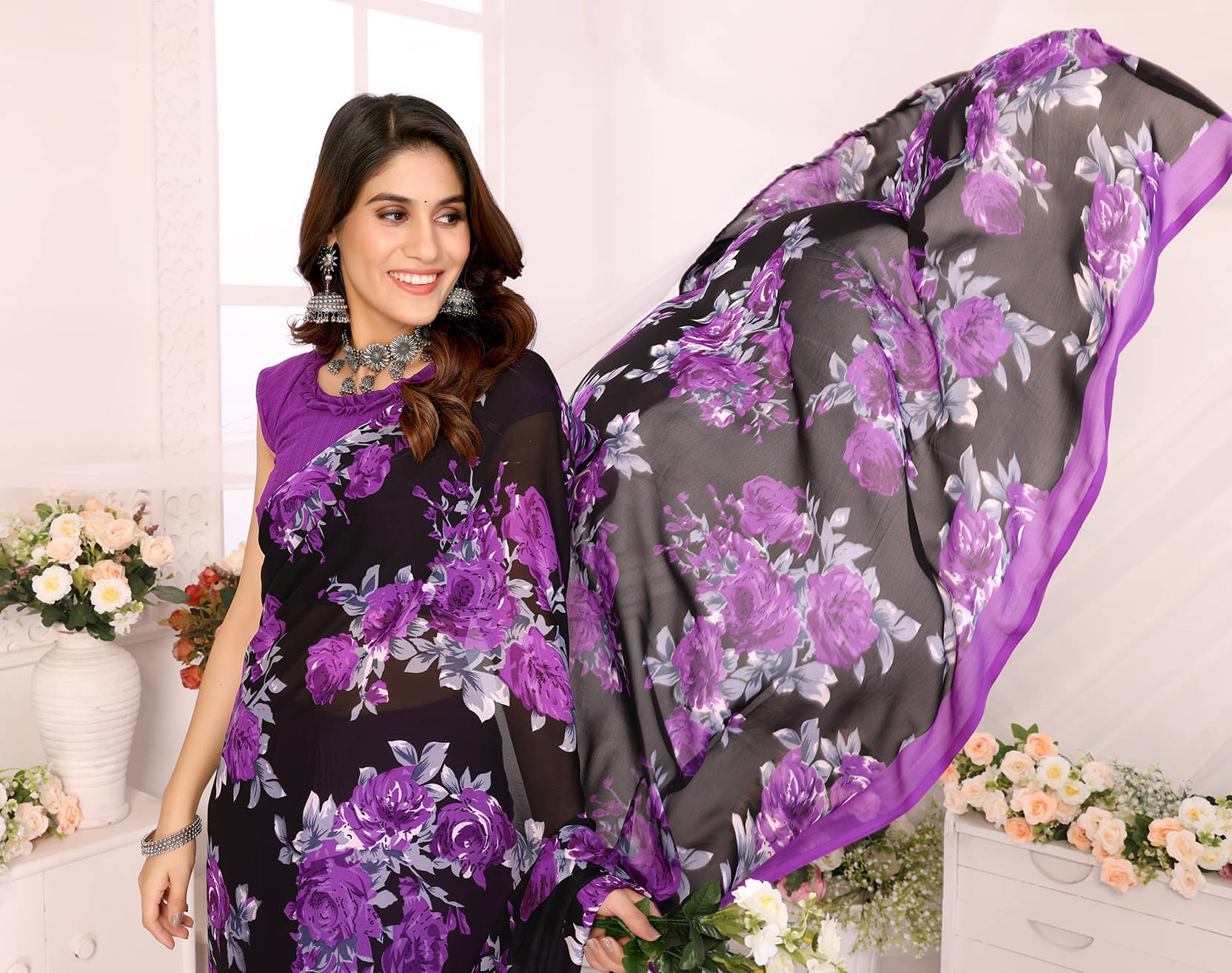 Yashika Georgette Printed Saree With Unstitched Blouse Piece ( Purple ) Yashika Georgette Printed Saree With Unstitched Blouse Piece ( Purple )
