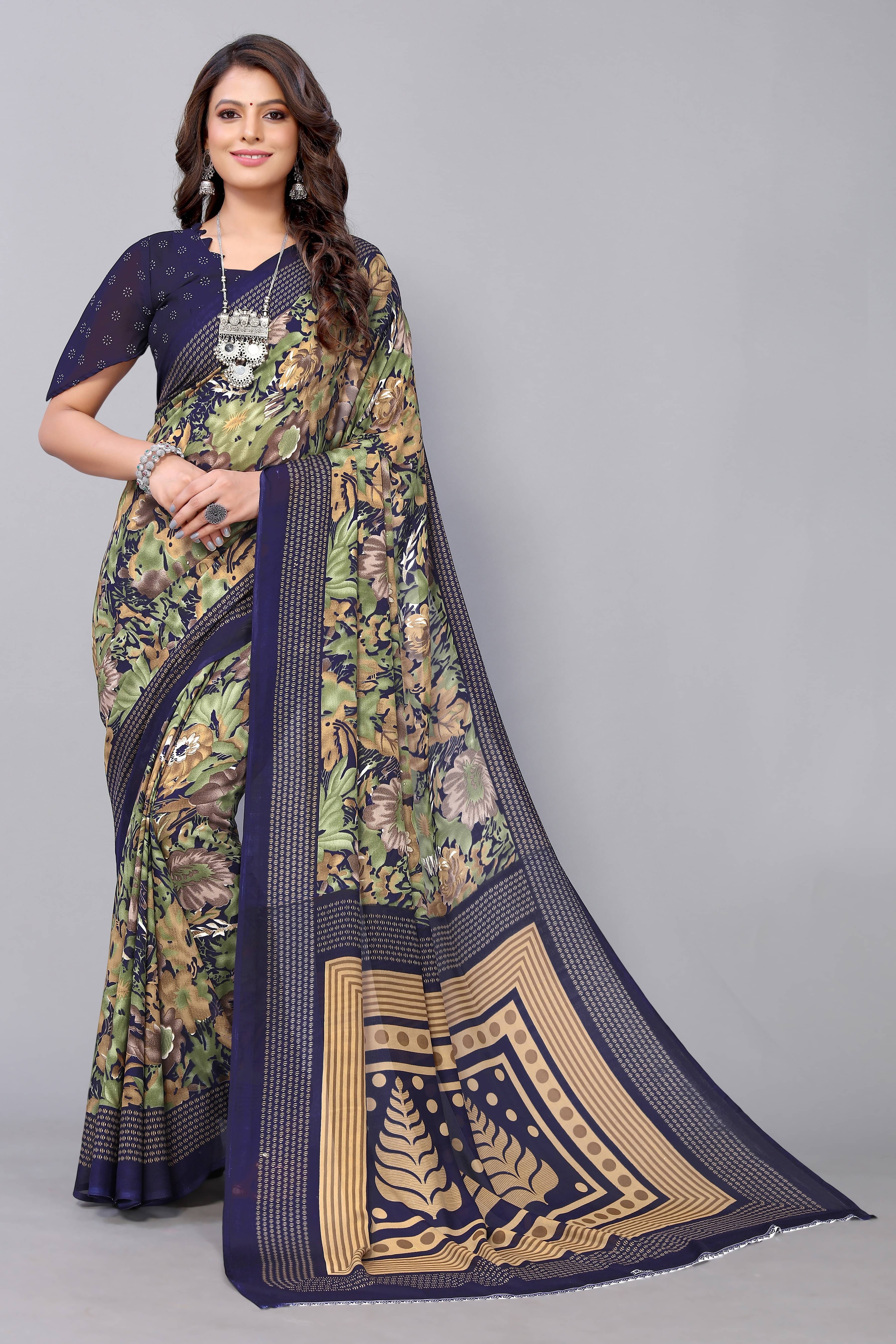     			Yashika Georgette Printed Saree With Unstitched Blouse Piece ( Blue )
