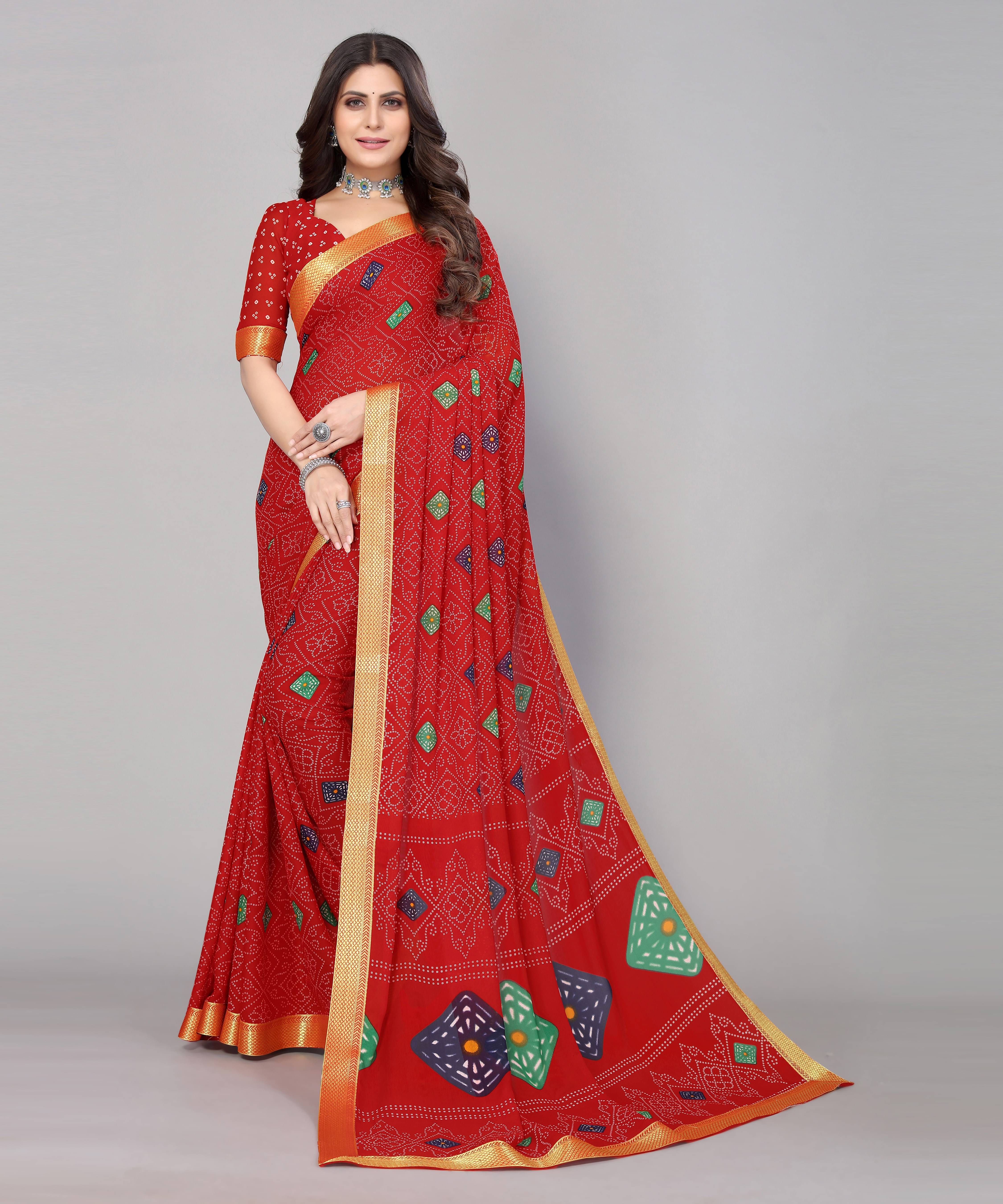     			Yashika Georgette Printed Saree With Unstitched Blouse Piece ( Red )