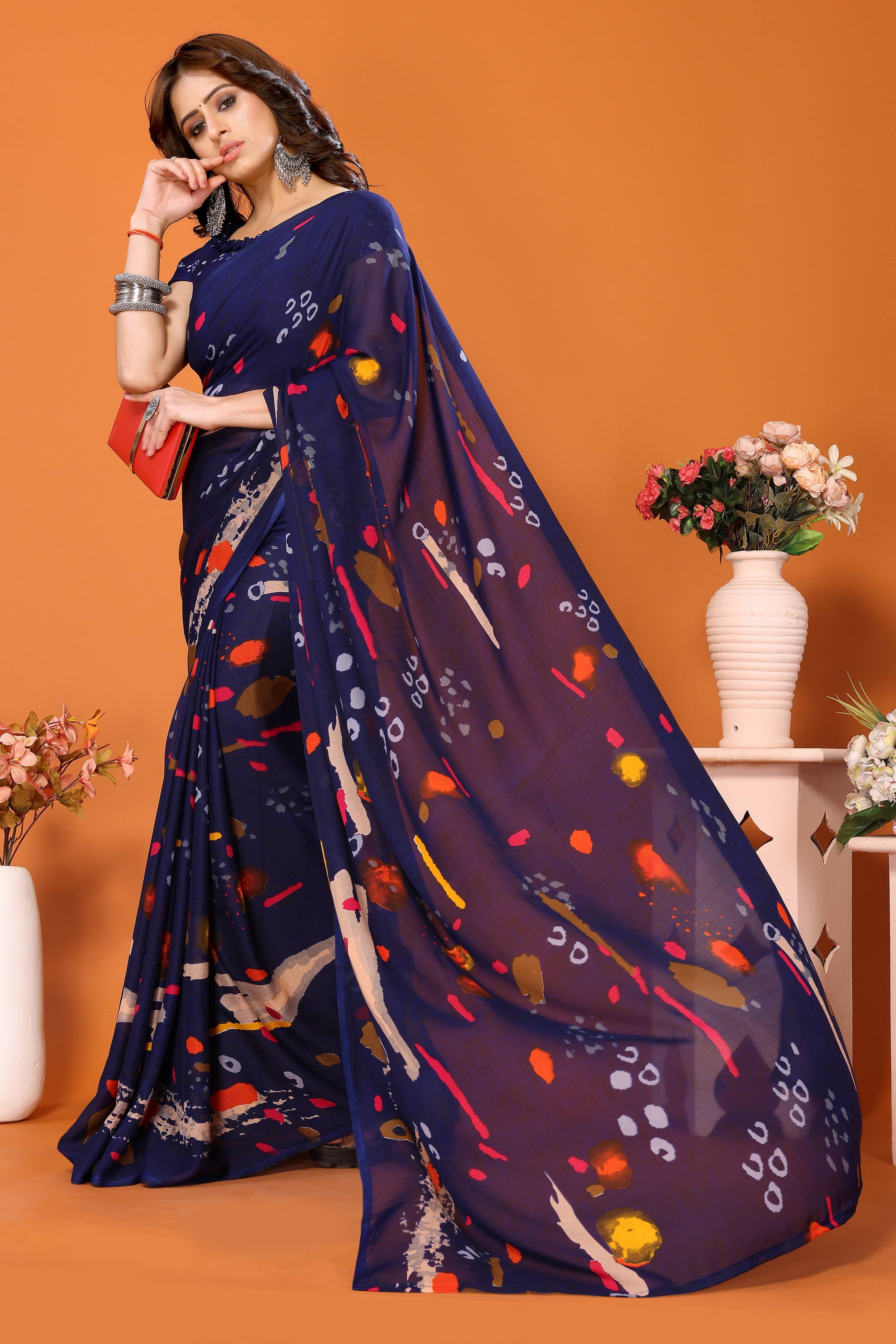 Yashika Georgette Printed Saree With Unstitched Blouse Piece ( Blue ) Yashika Georgette Printed Saree With Unstitched Blouse Piece ( Blue )