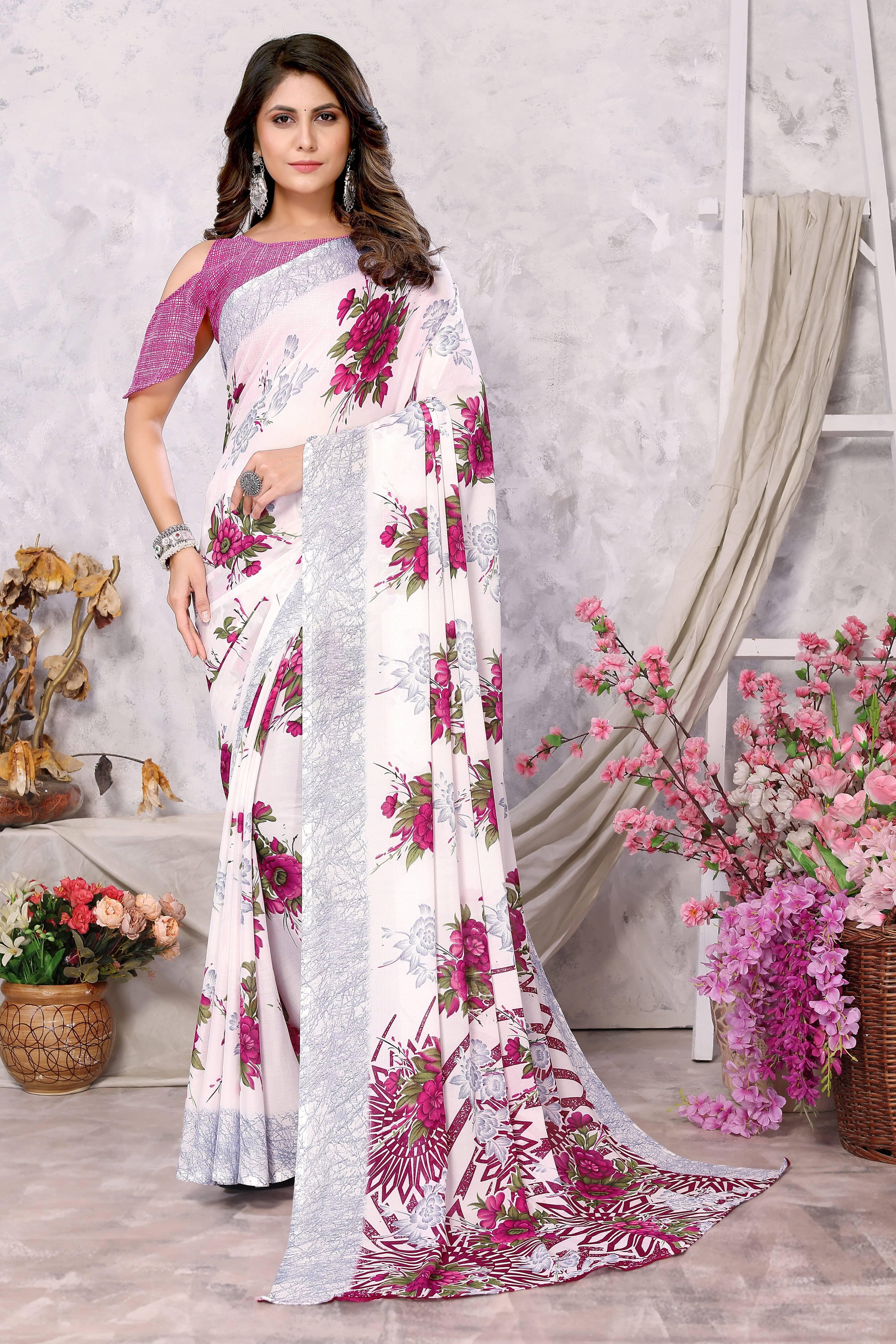     			Yashika Georgette Printed Saree With Unstitched Blouse Piece ( Purple )