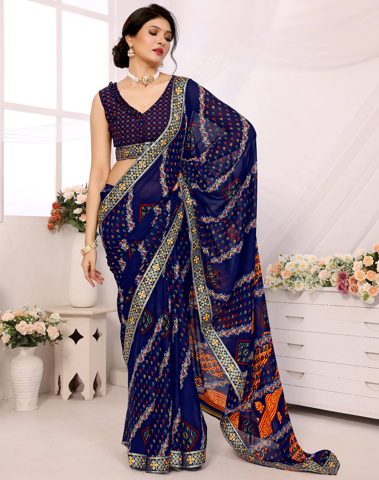     			Yashika Georgette Printed Saree With Unstitched Blouse Piece ( Blue )
