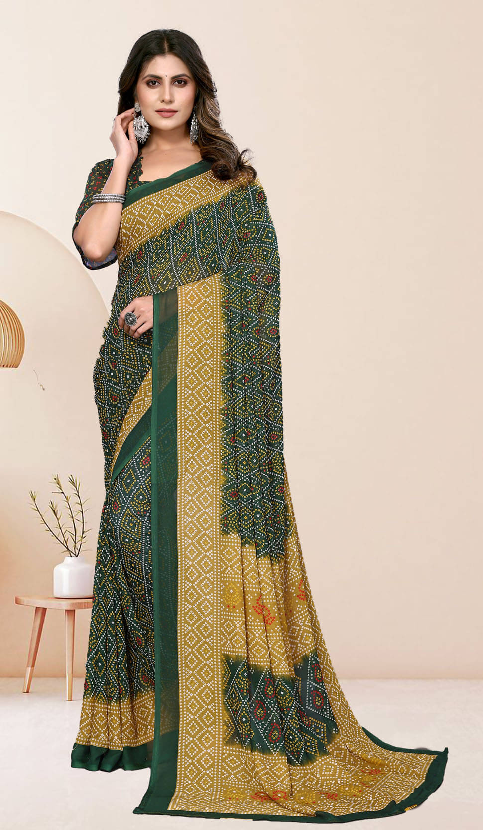     			Yashika Georgette Printed Saree With Unstitched Blouse Piece ( Green )