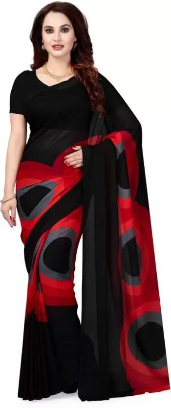     			Yashika Georgette Printed Saree With Unstitched Blouse Piece ( Red )
