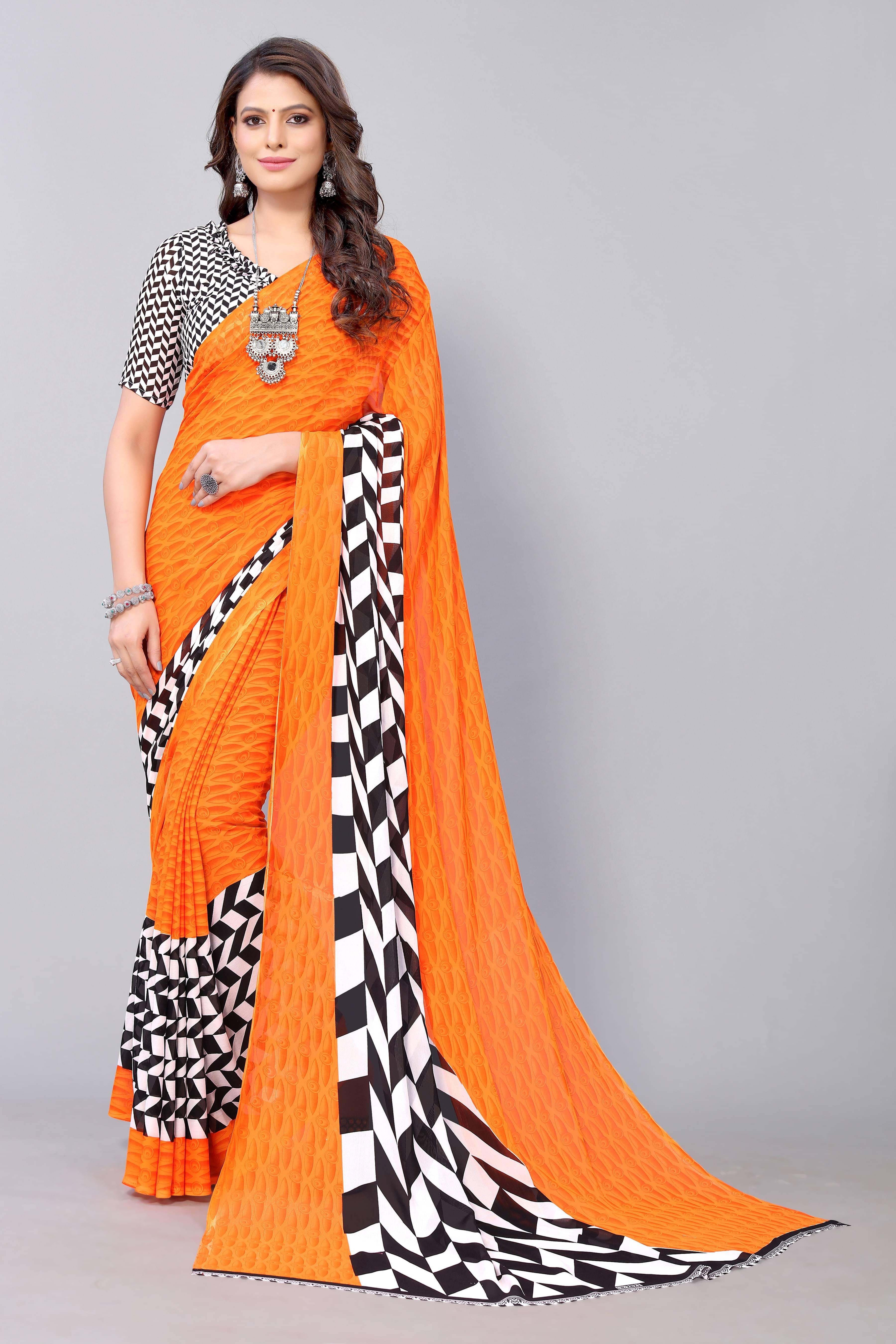     			Yashika Georgette Printed Saree With Unstitched Blouse Piece ( Orange )