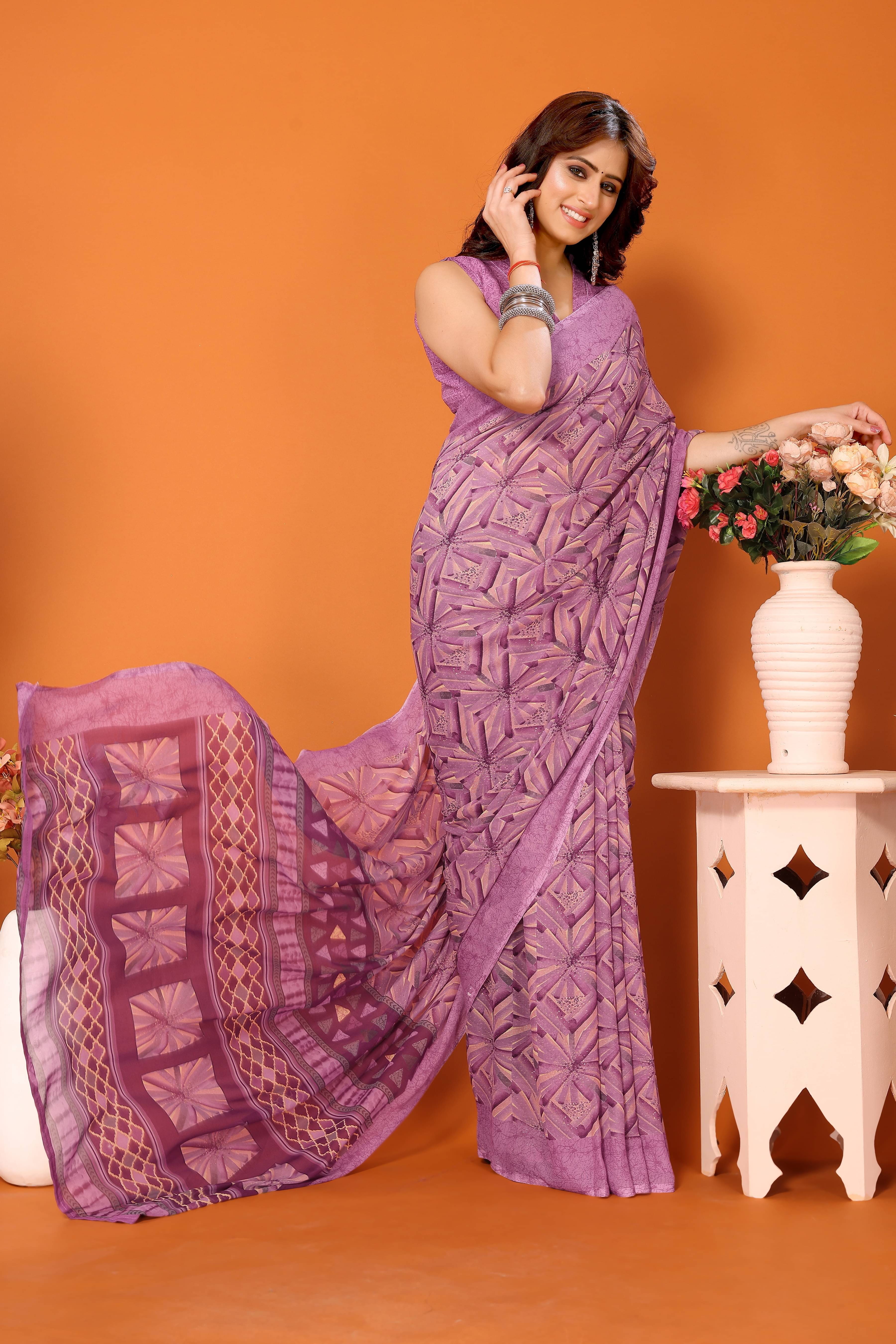     			Yashika Georgette Printed Saree With Unstitched Blouse Piece ( Purple )