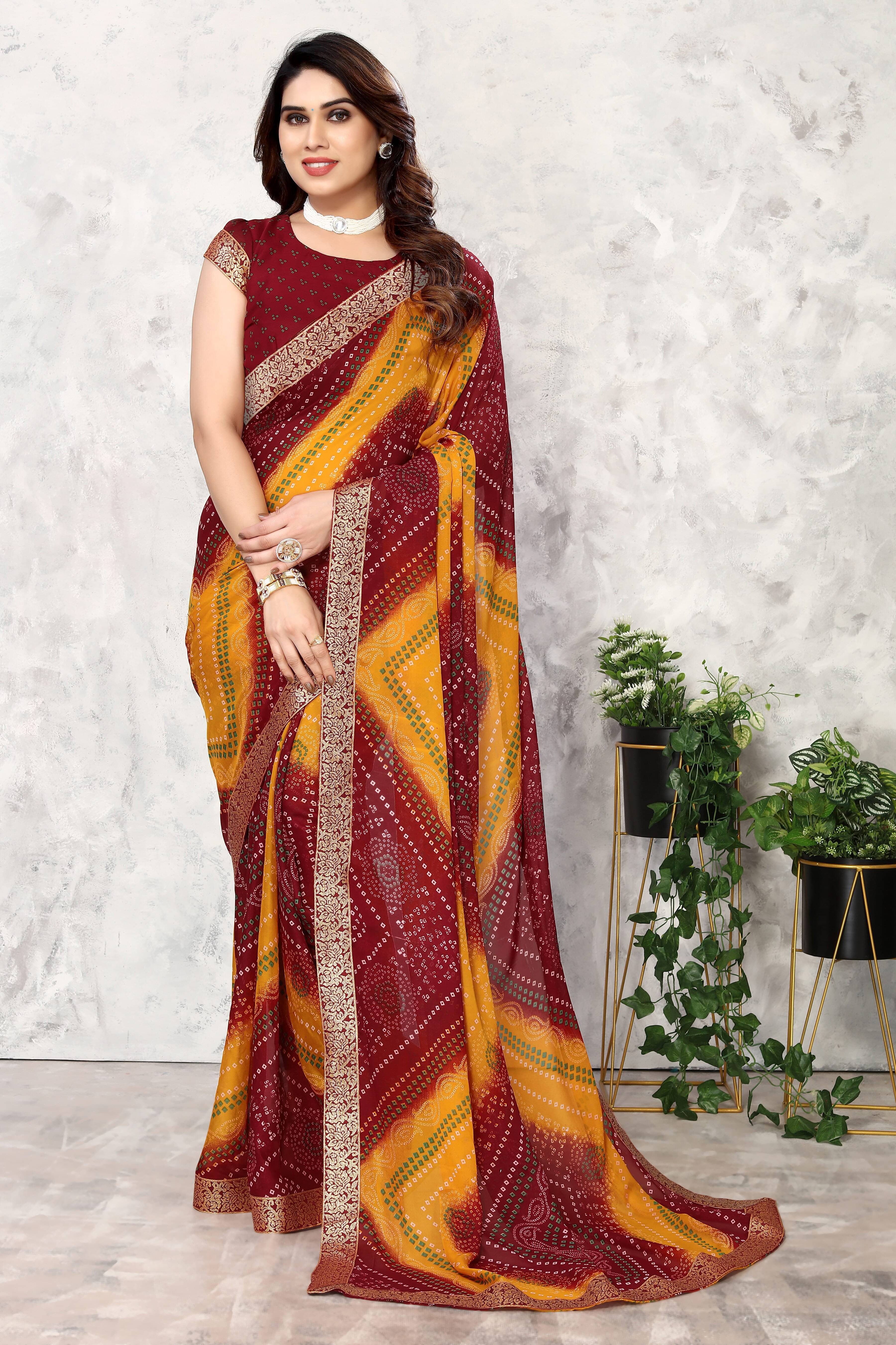     			Yashika Georgette Printed Saree With Unstitched Blouse Piece ( Maroon )