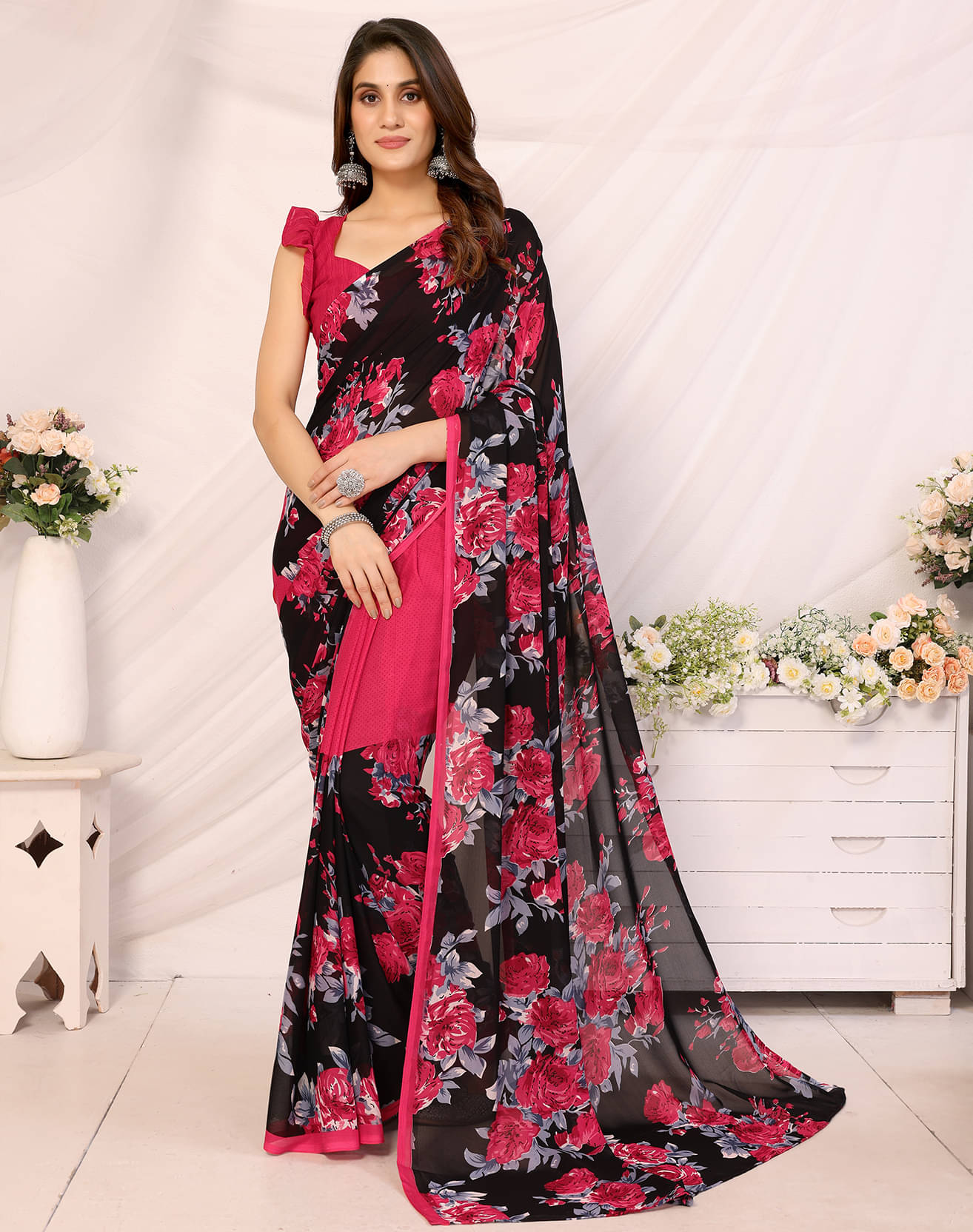     			Yashika Georgette Printed Saree With Unstitched Blouse Piece ( Pink )