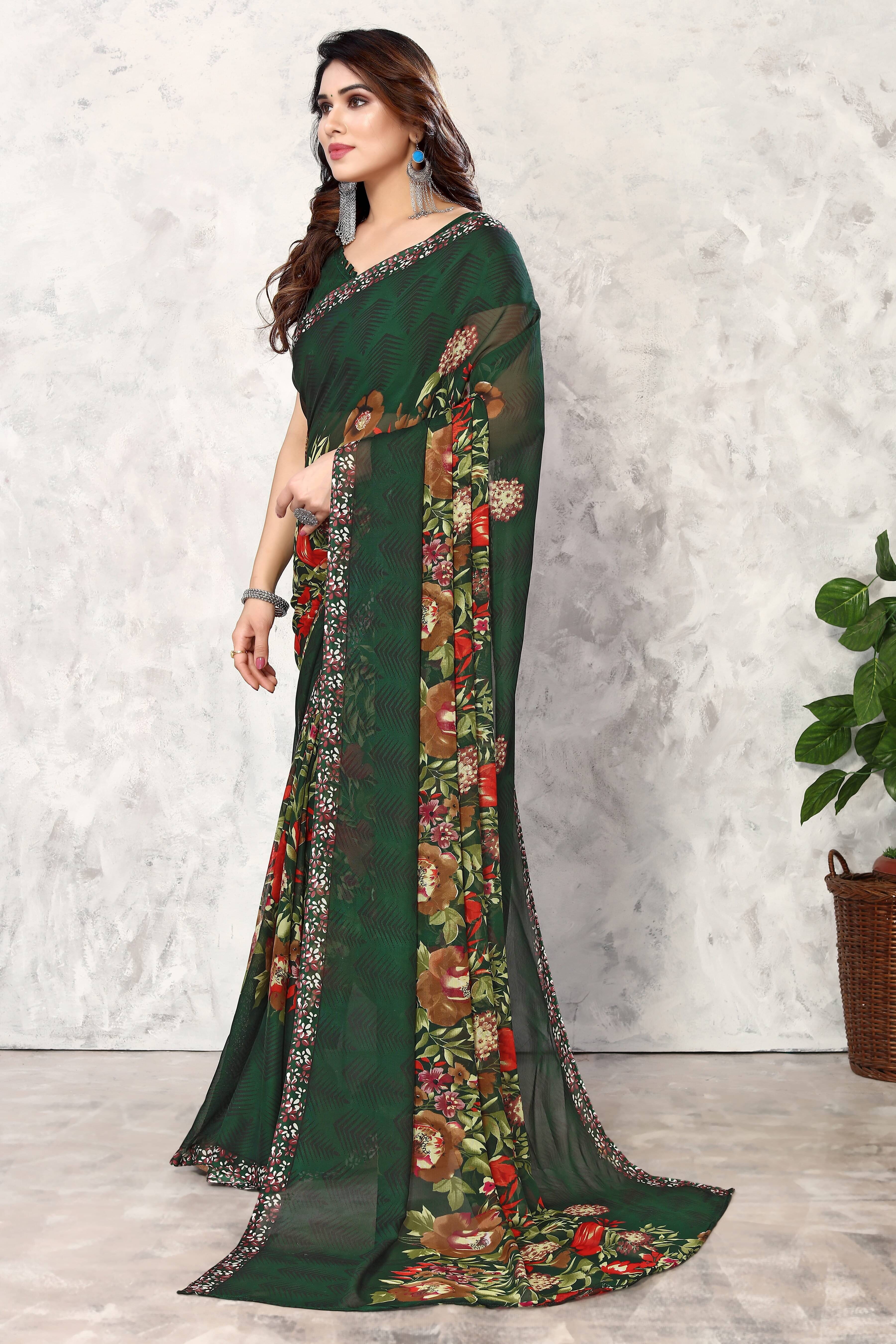     			Yashika Georgette Printed Saree With Unstitched Blouse Piece ( Green )