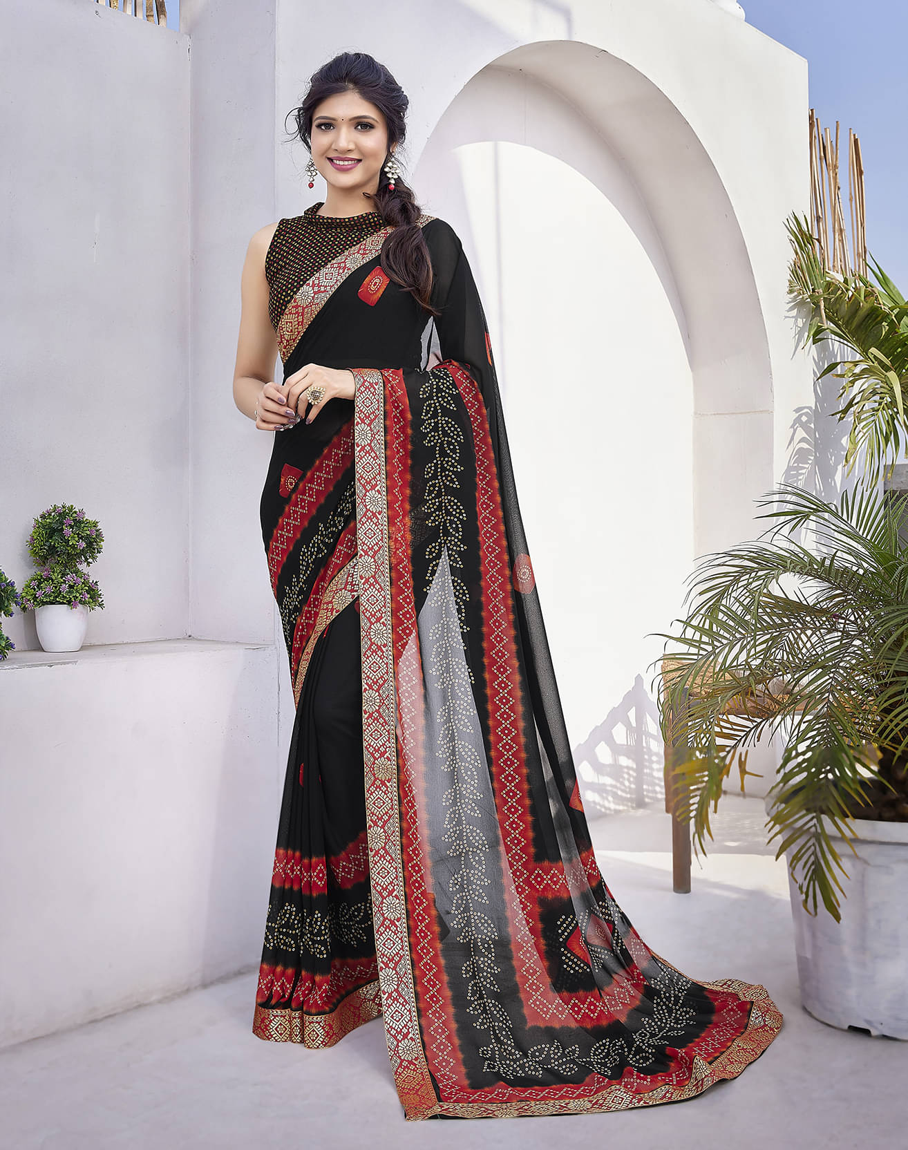 Yashika Georgette Printed Saree With Unstitched Blouse Piece ( Black ) Yashika Georgette Printed Saree With Unstitched Blouse Piece ( Black )