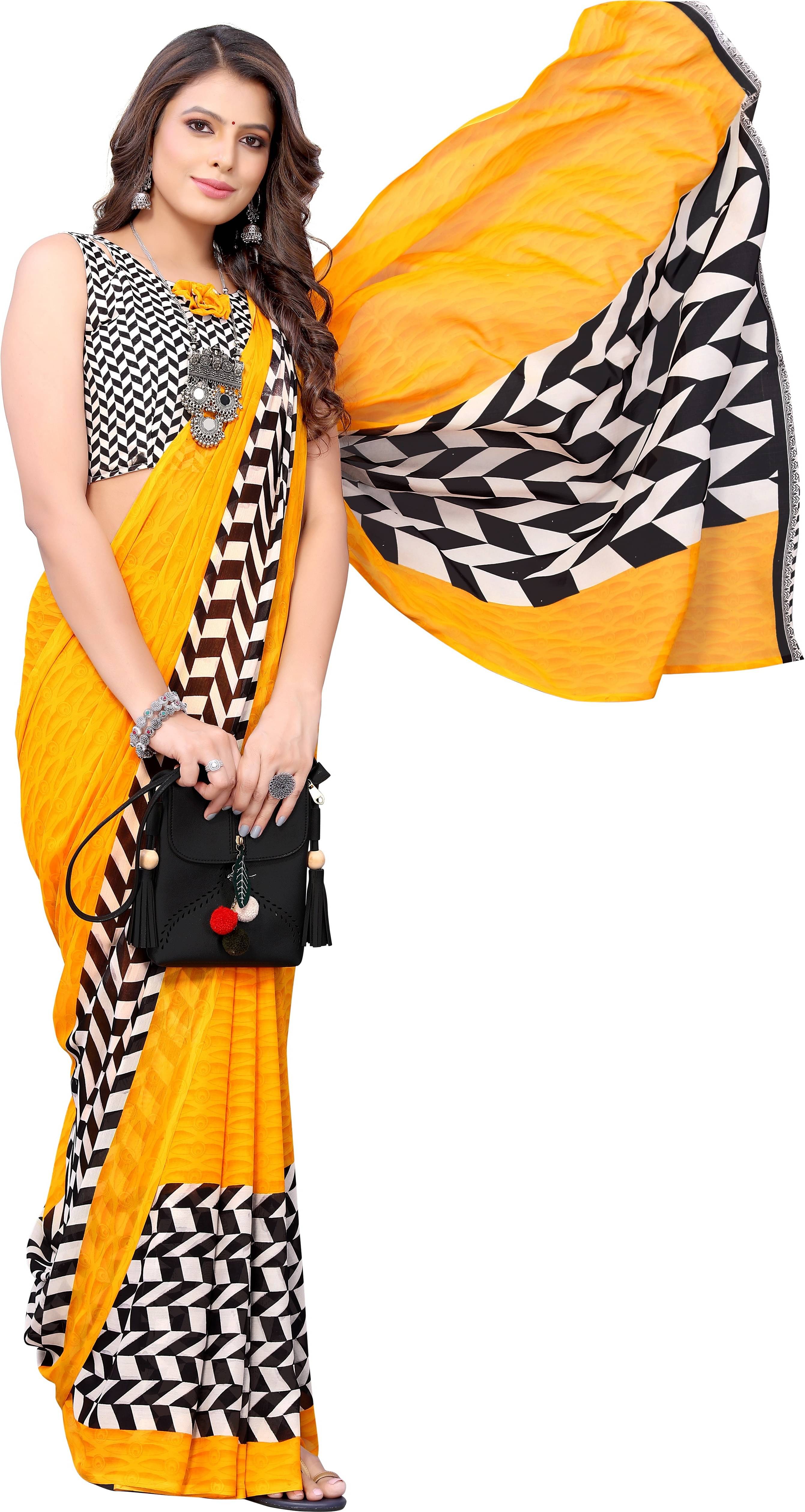 Yashika Georgette Printed Saree With Unstitched Blouse Piece ( Yellow ) Yashika Georgette Printed Saree With Unstitched Blouse Piece ( Yellow )