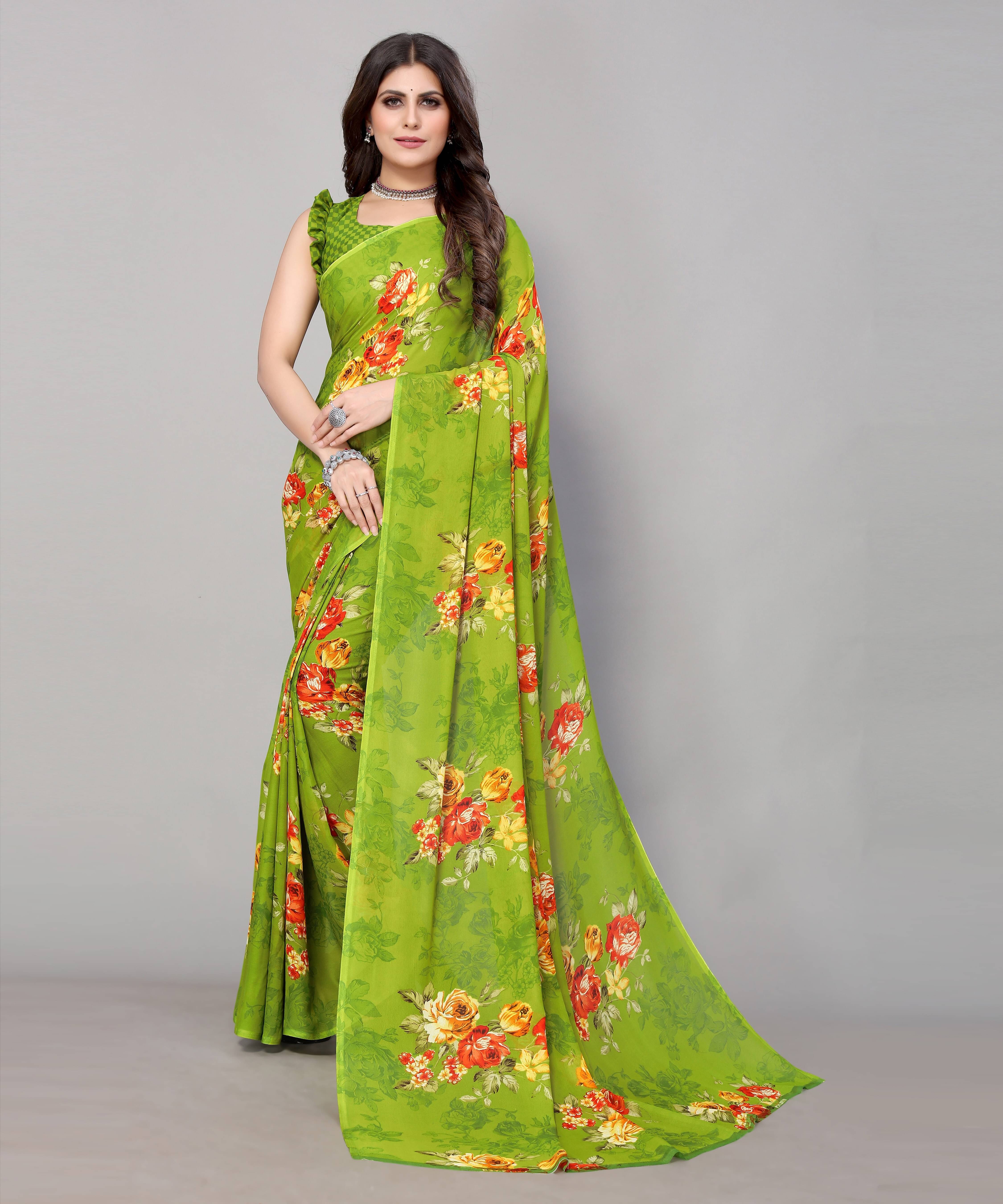 Yashika Georgette Printed Saree With Unstitched Blouse Piece ( Light Green ) Yashika Georgette Printed Saree With Unstitched Blouse Piece ( Light Green )