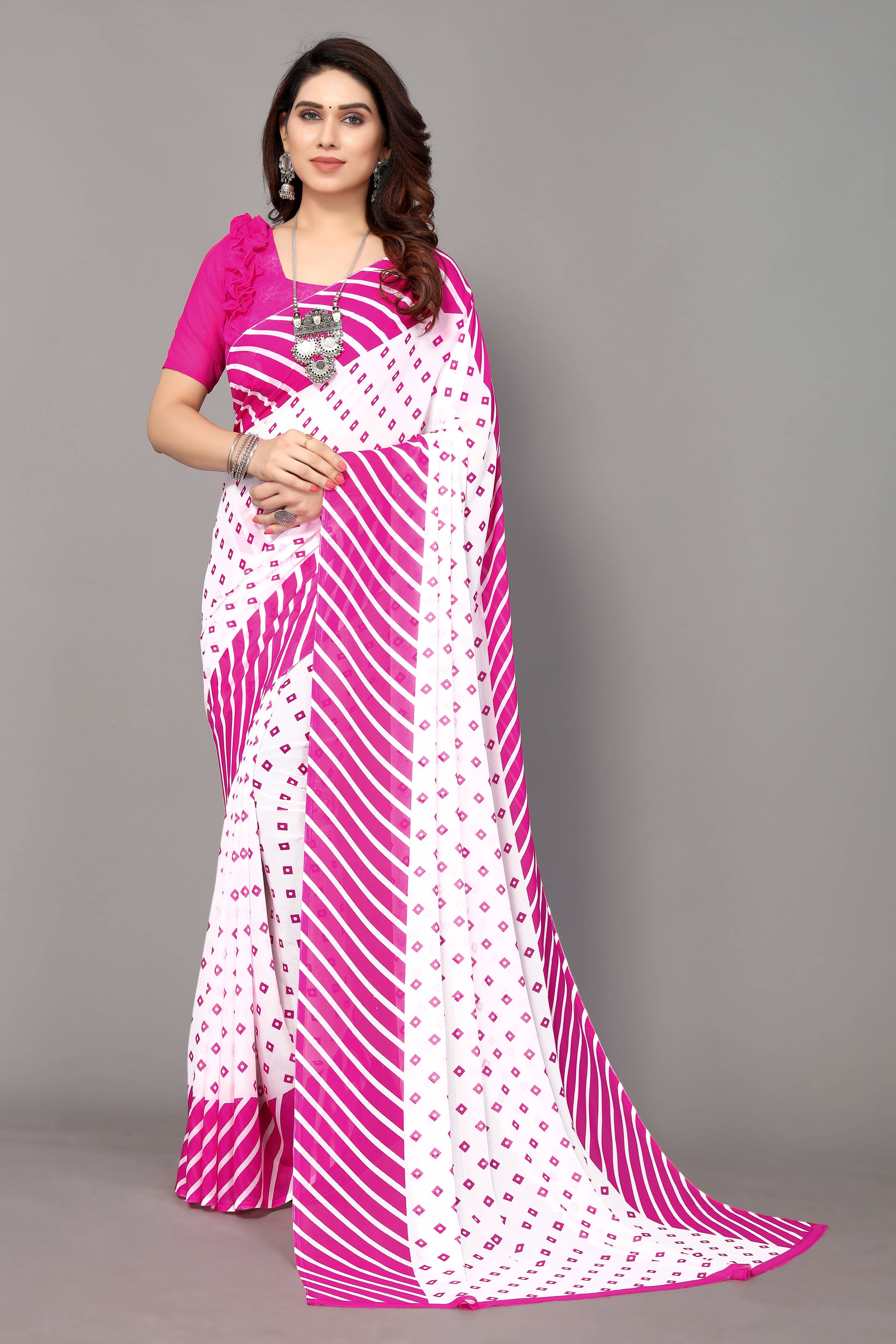 Yashika Georgette Printed Saree With Unstitched Blouse Piece ( Pink ) Yashika Georgette Printed Saree With Unstitched Blouse Piece ( Pink )
