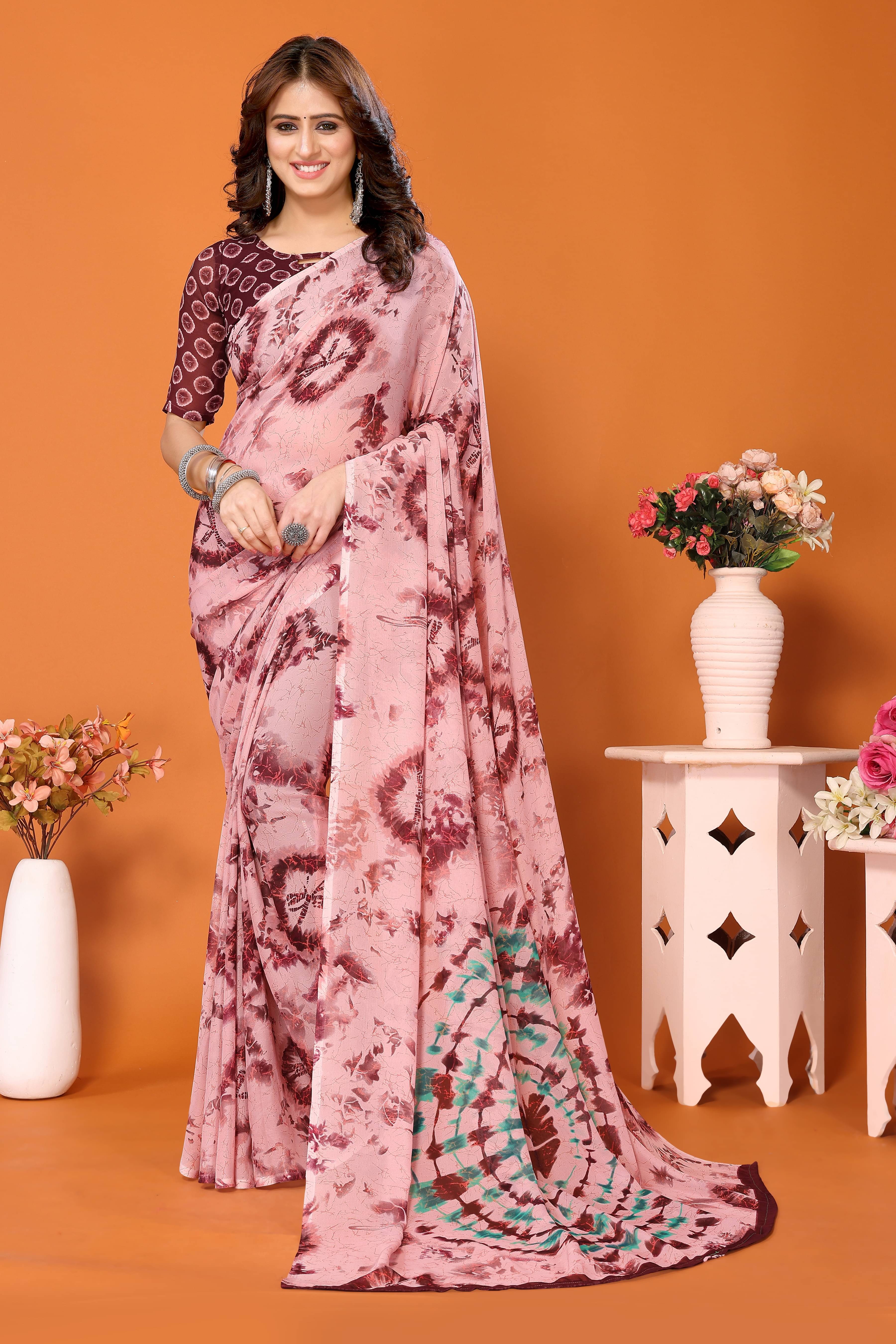 Yashika Georgette Printed Saree With Unstitched Blouse Piece ( Purple ) Yashika Georgette Printed Saree With Unstitched Blouse Piece ( Purple )