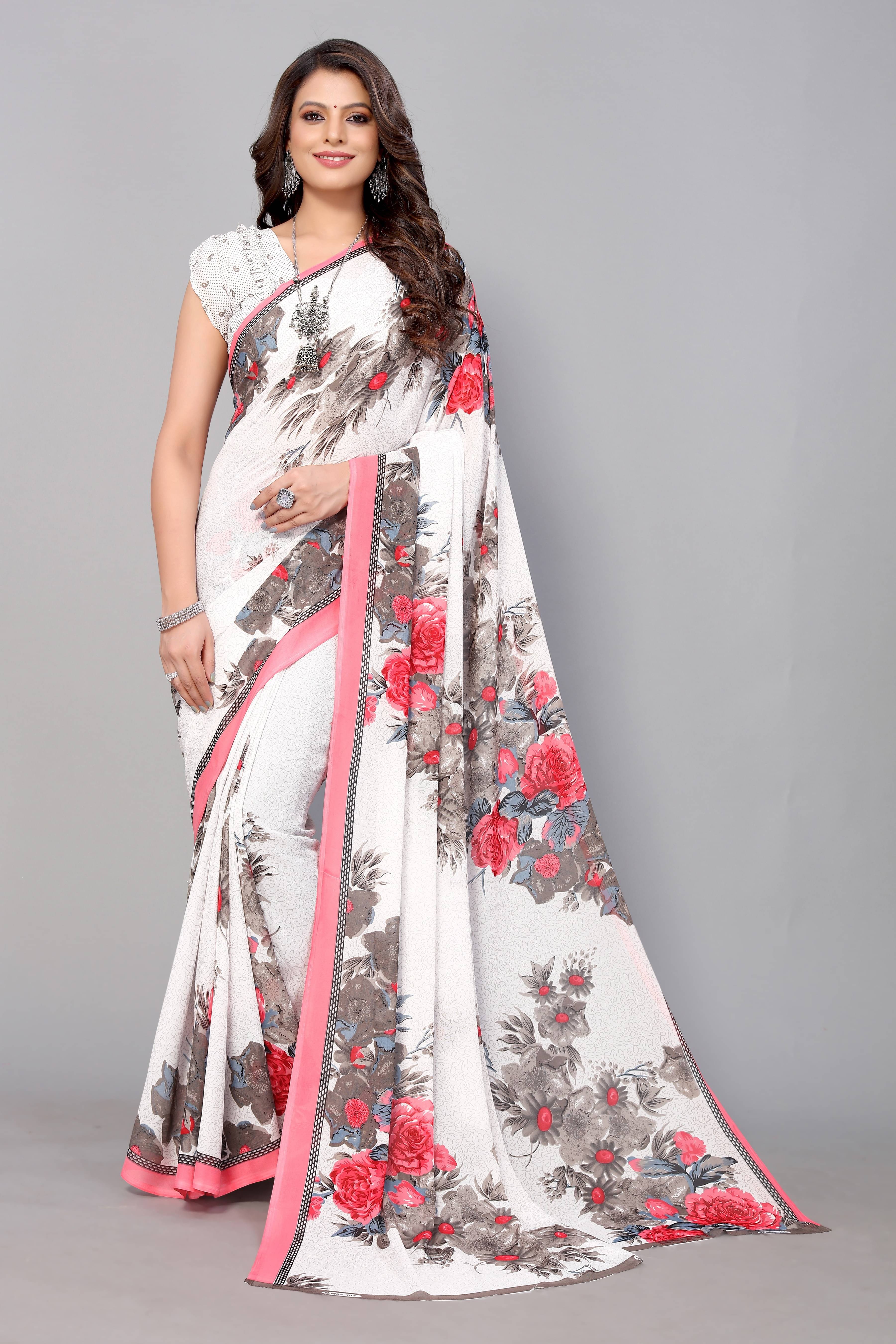     			Yashika Georgette Printed Saree With Unstitched Blouse Piece ( White )