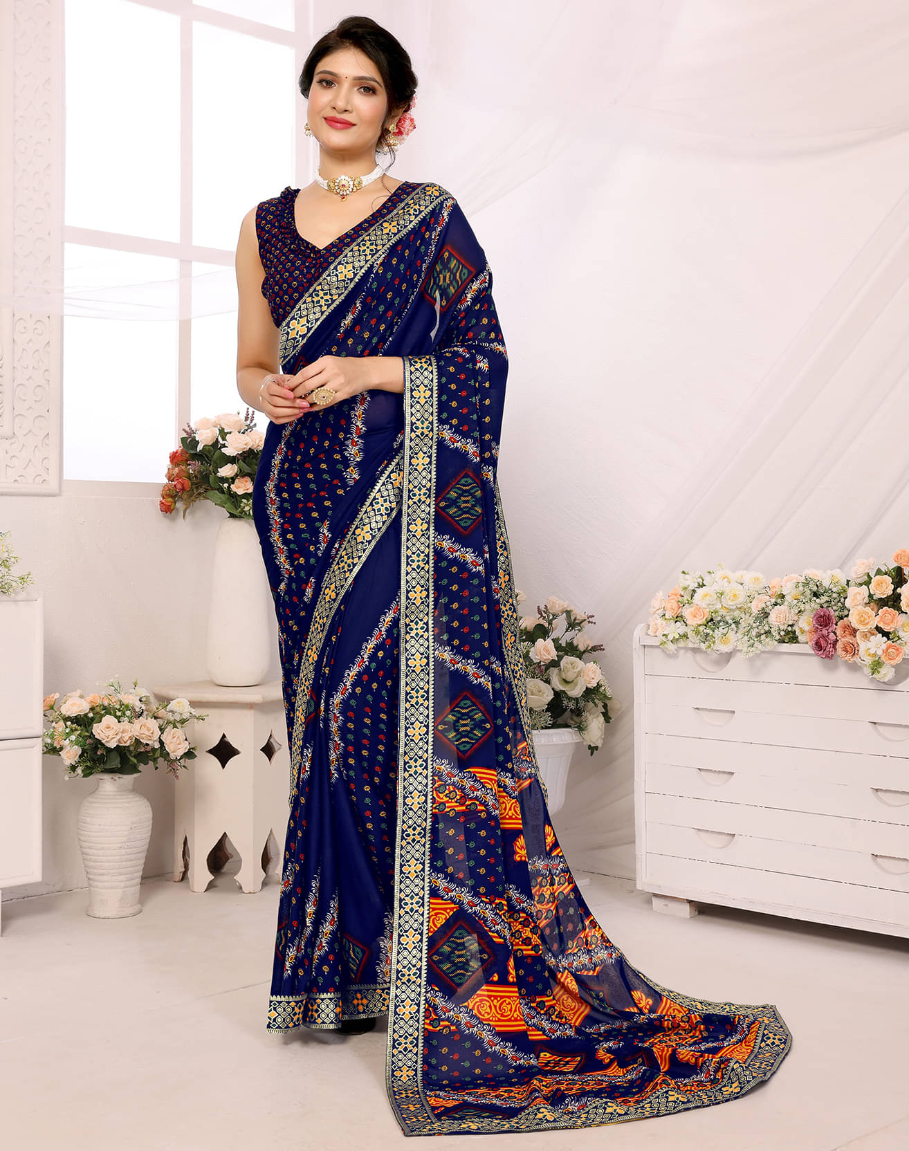 Yashika Georgette Printed Saree With Unstitched Blouse Piece ( Blue ) Yashika Georgette Printed Saree With Unstitched Blouse Piece ( Blue )