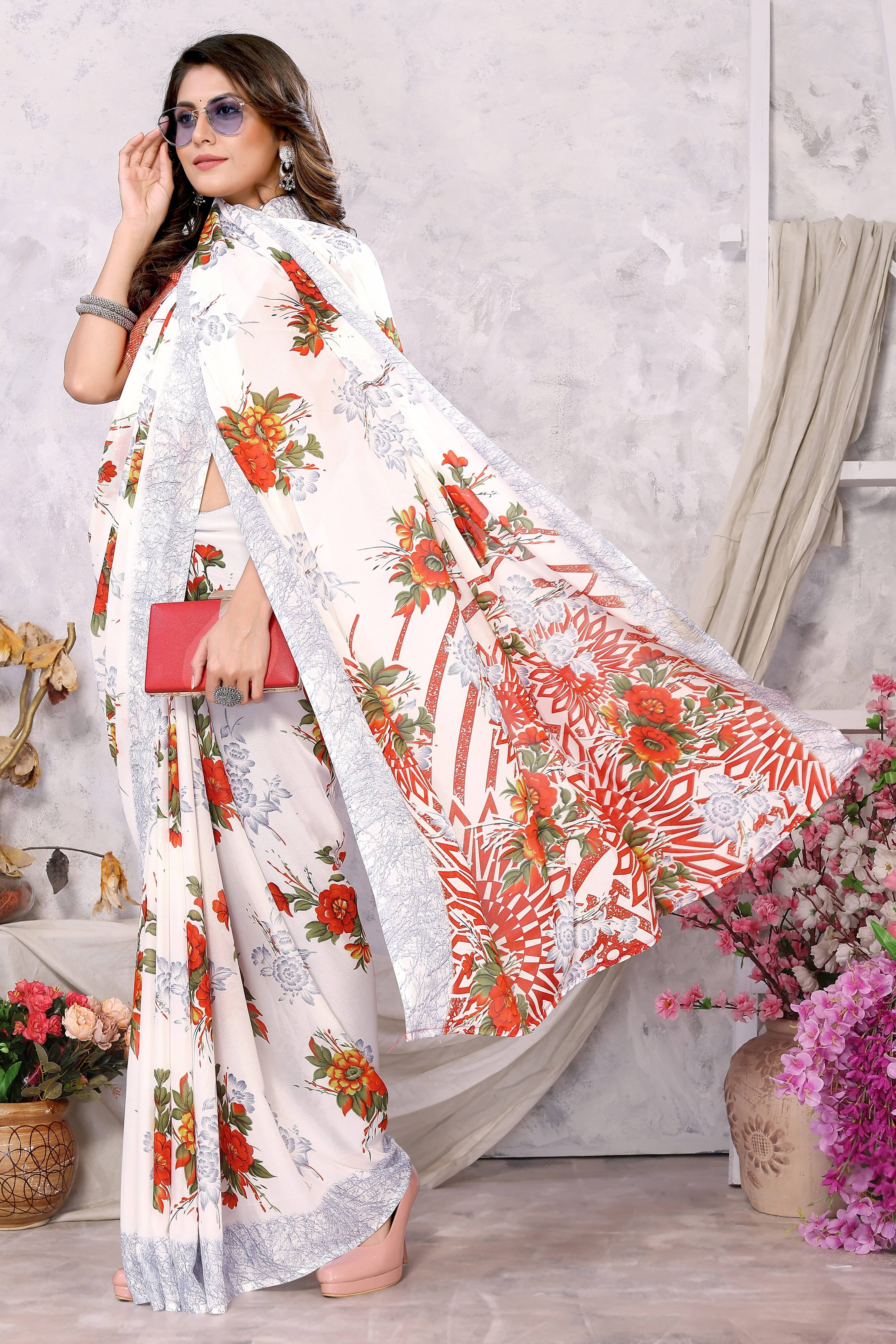     			Yashika Georgette Printed Saree With Unstitched Blouse Piece ( Orange )