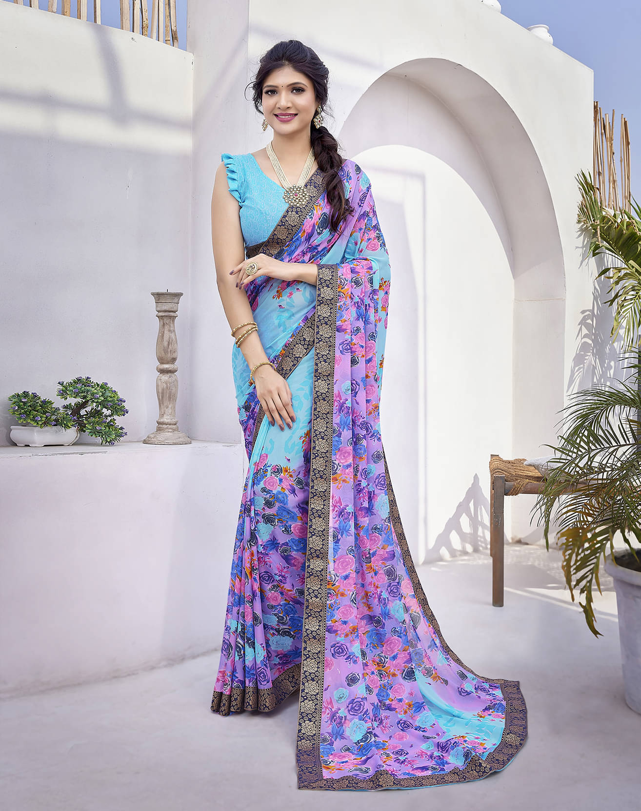 Yashika Georgette Printed Saree With Unstitched Blouse Piece ( Blue ) Yashika Georgette Printed Saree With Unstitched Blouse Piece ( Blue )