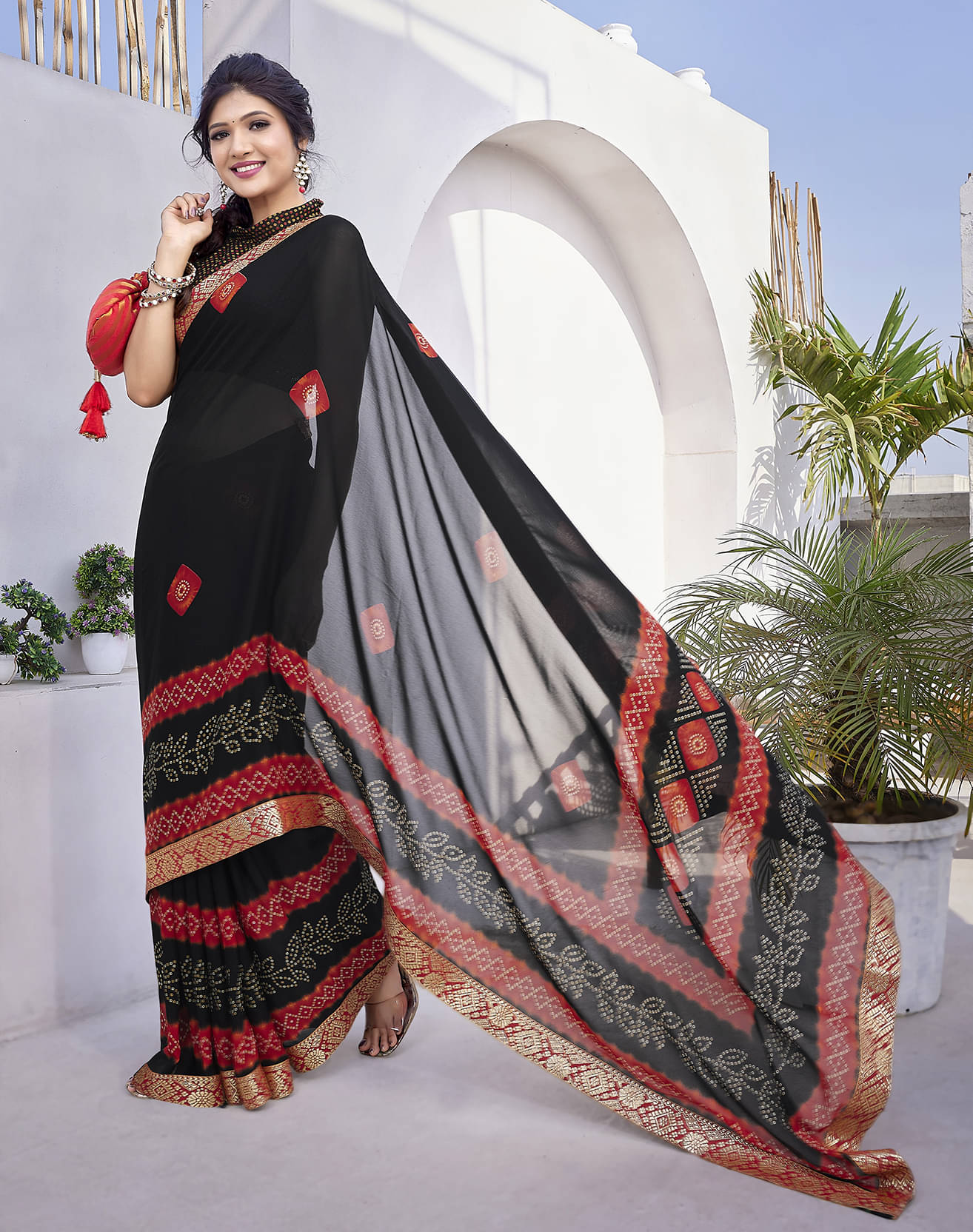 Yashika Georgette Printed Saree With Unstitched Blouse Piece ( Black ) Yashika Georgette Printed Saree With Unstitched Blouse Piece ( Black )