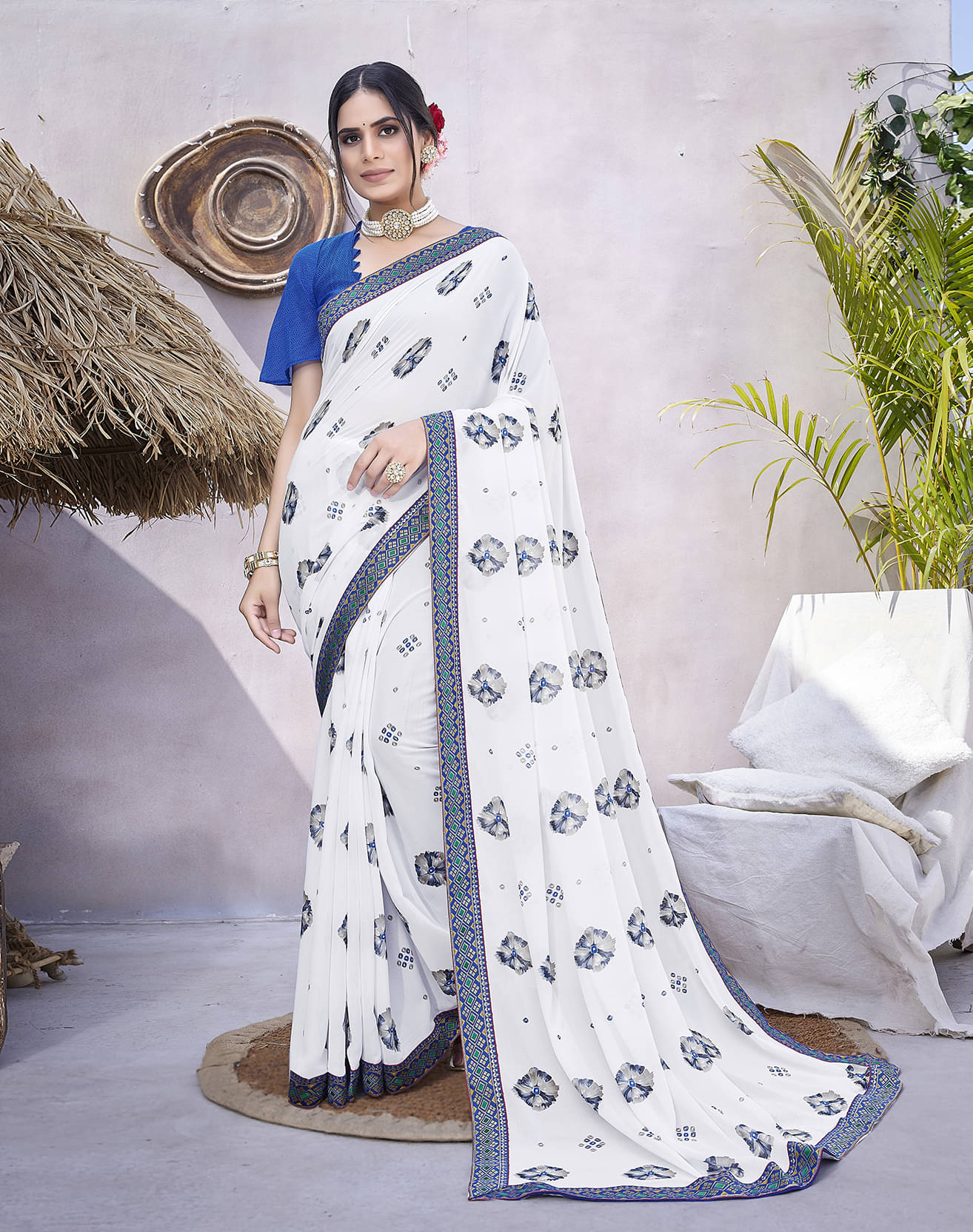     			Yashika Georgette Printed Saree With Unstitched Blouse Piece ( Blue )