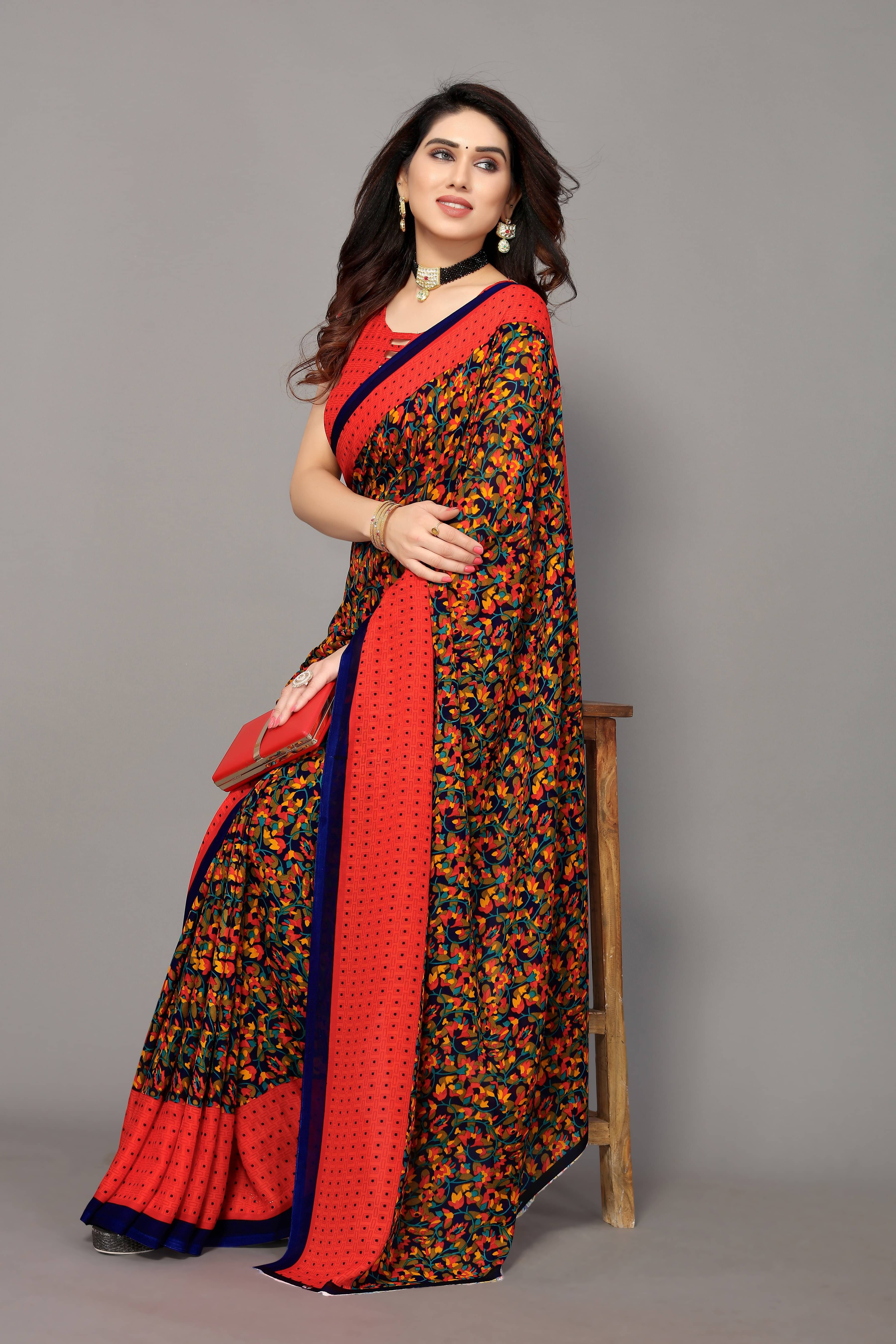     			Yashika Georgette Printed Saree With Unstitched Blouse Piece ( Red )