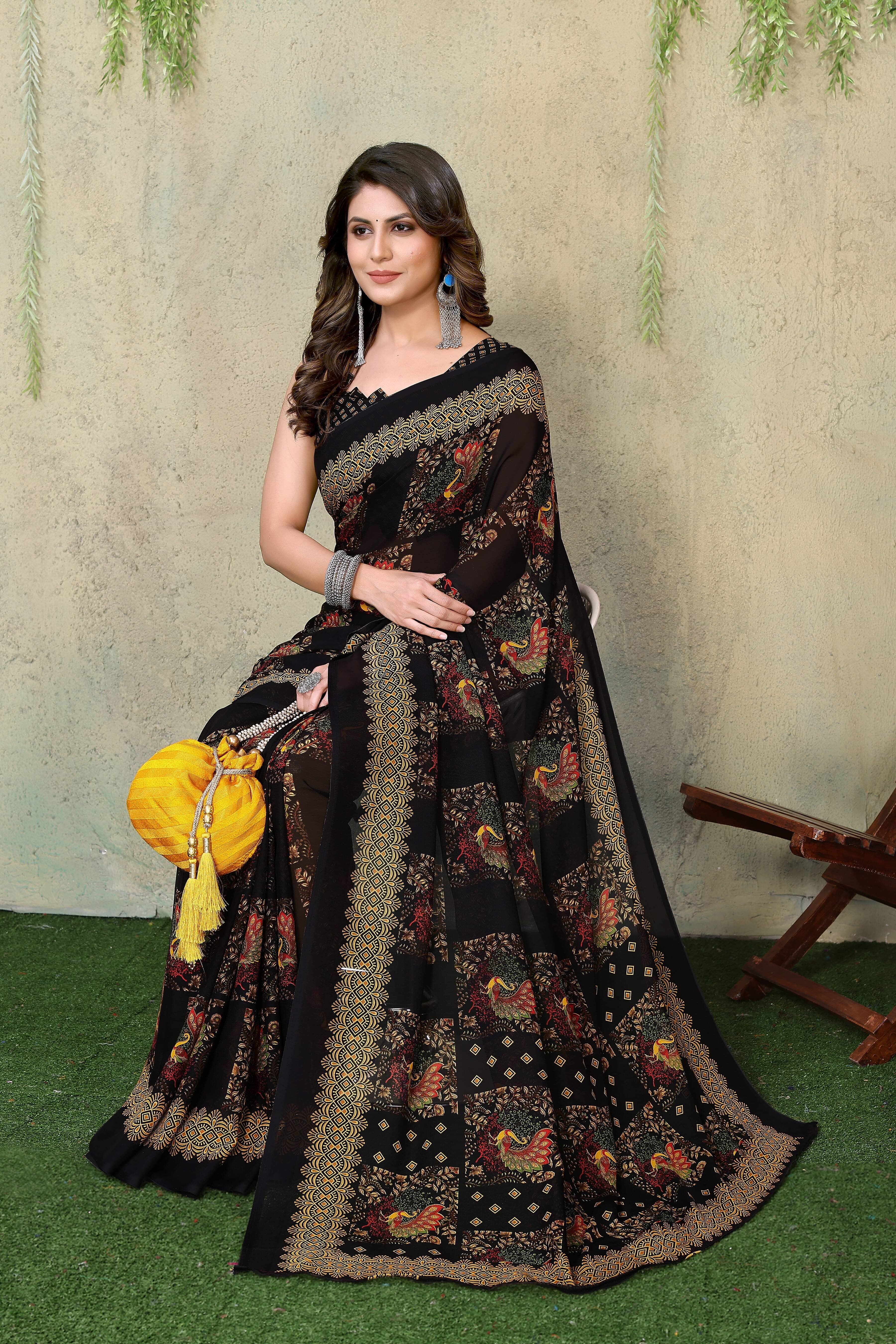     			Yashika Georgette Printed Saree With Unstitched Blouse Piece ( Black )